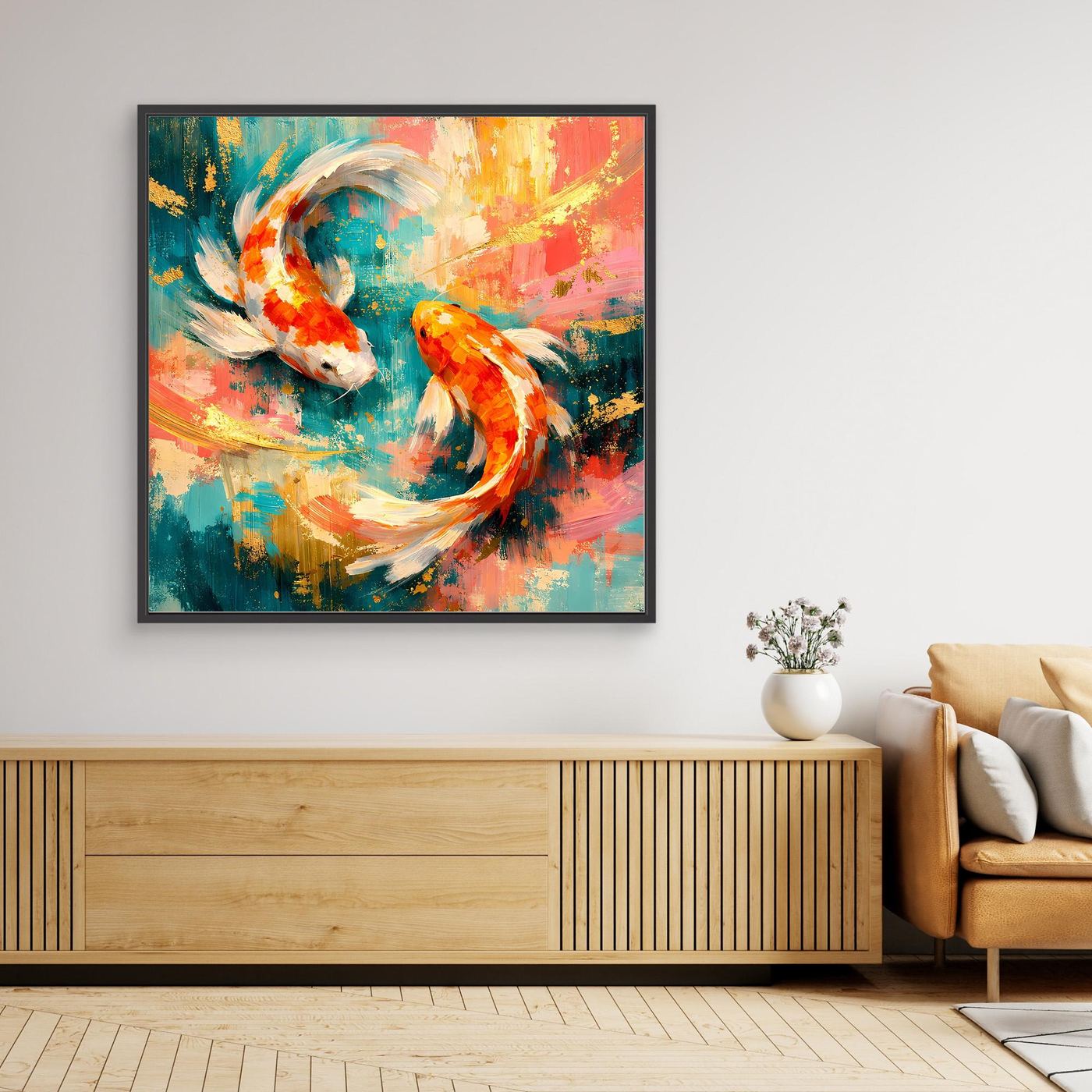Leinwandbild mit bunten Koi-Fischen im abstrakten Yin-Yang, schwarzer Rahmen