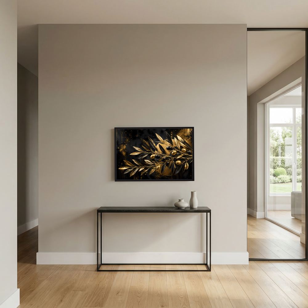 Wandbild im Querformat: goldener Olivenzweig auf dunklem Hintergrund, schwarzer Rahmen