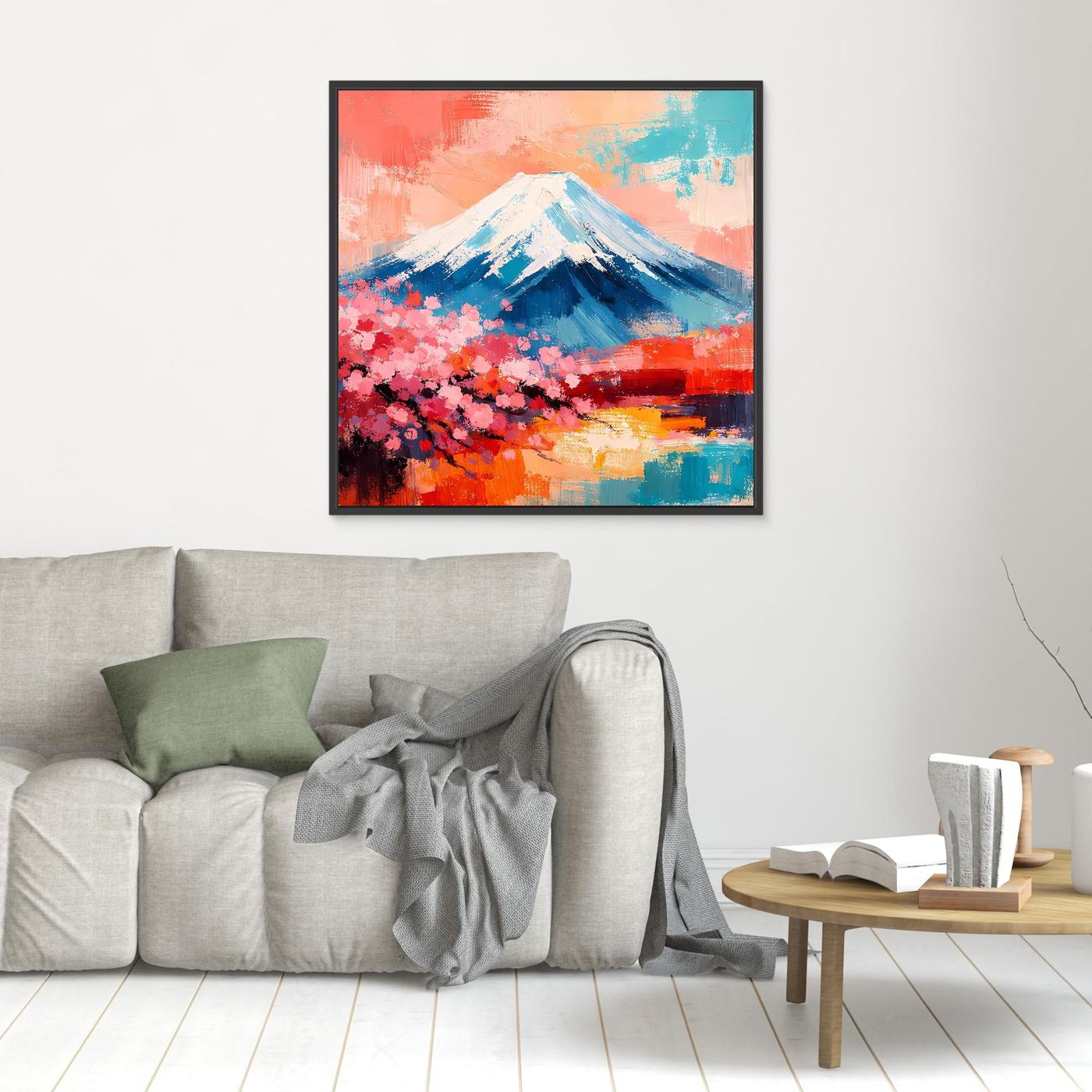 Abstraktes Leinwandbild mit Fuji und Kirschblüten, schwarzer Rahmen