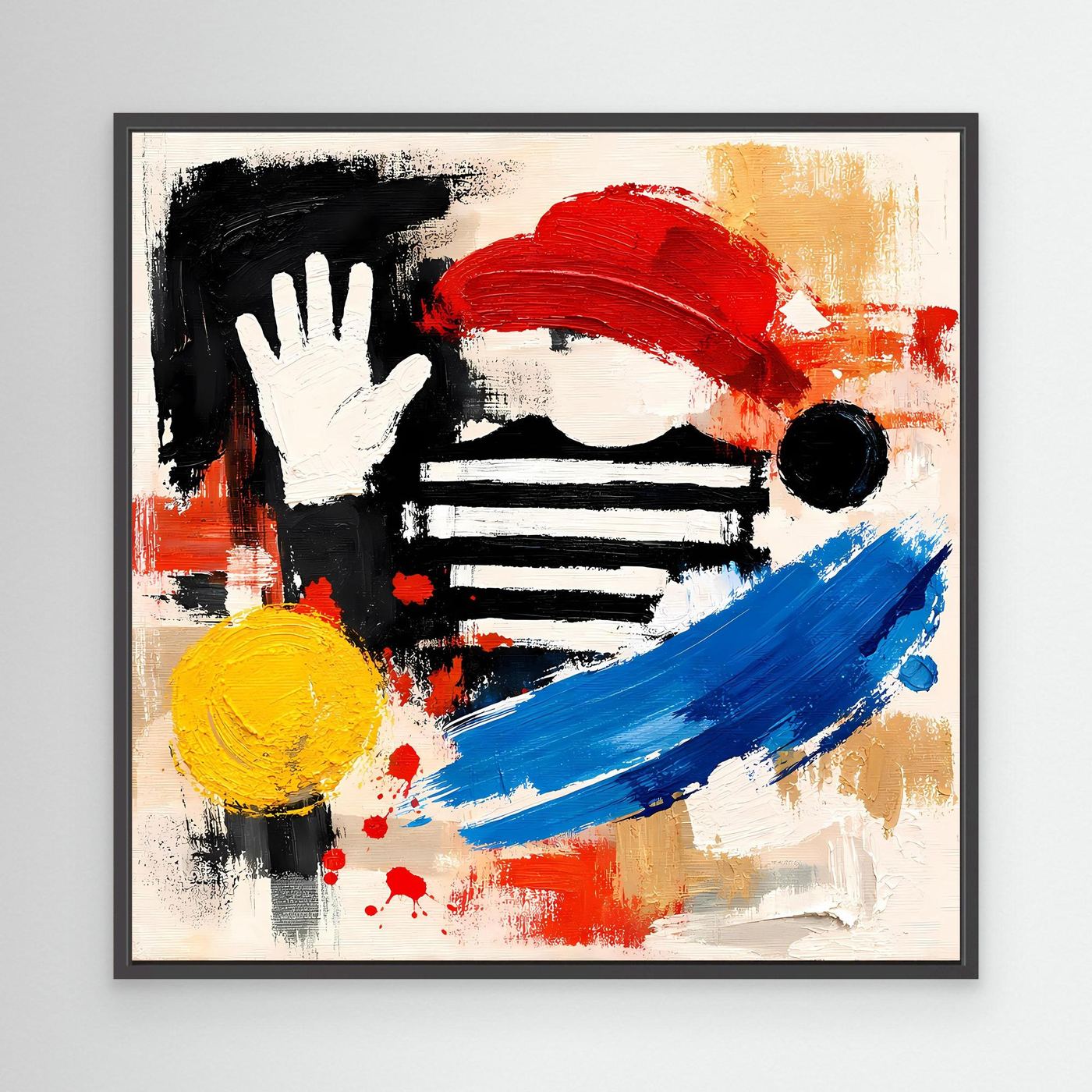 Abstract canvas wall art in black frame with hand, red brush stroke, blue arc, yellow circle