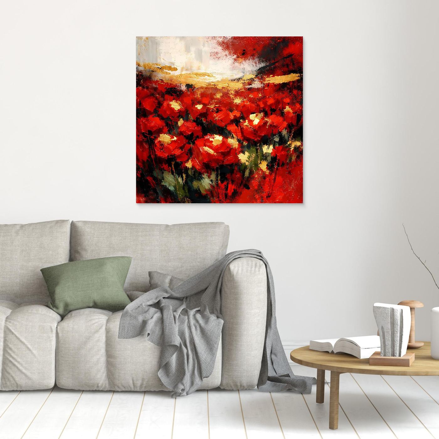 Wandbild mit abstraktem Blumenfeld, rote Blüten und Goldakzente, kleiner Rahmen