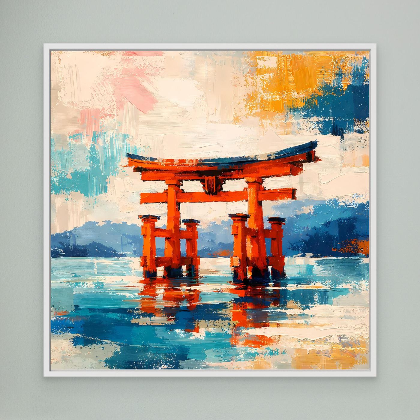Leinwandbild Japanisches Torii-Tor im Meer | Abstraktes Kultur Wandbild auf echtem Holzkeilrahmen