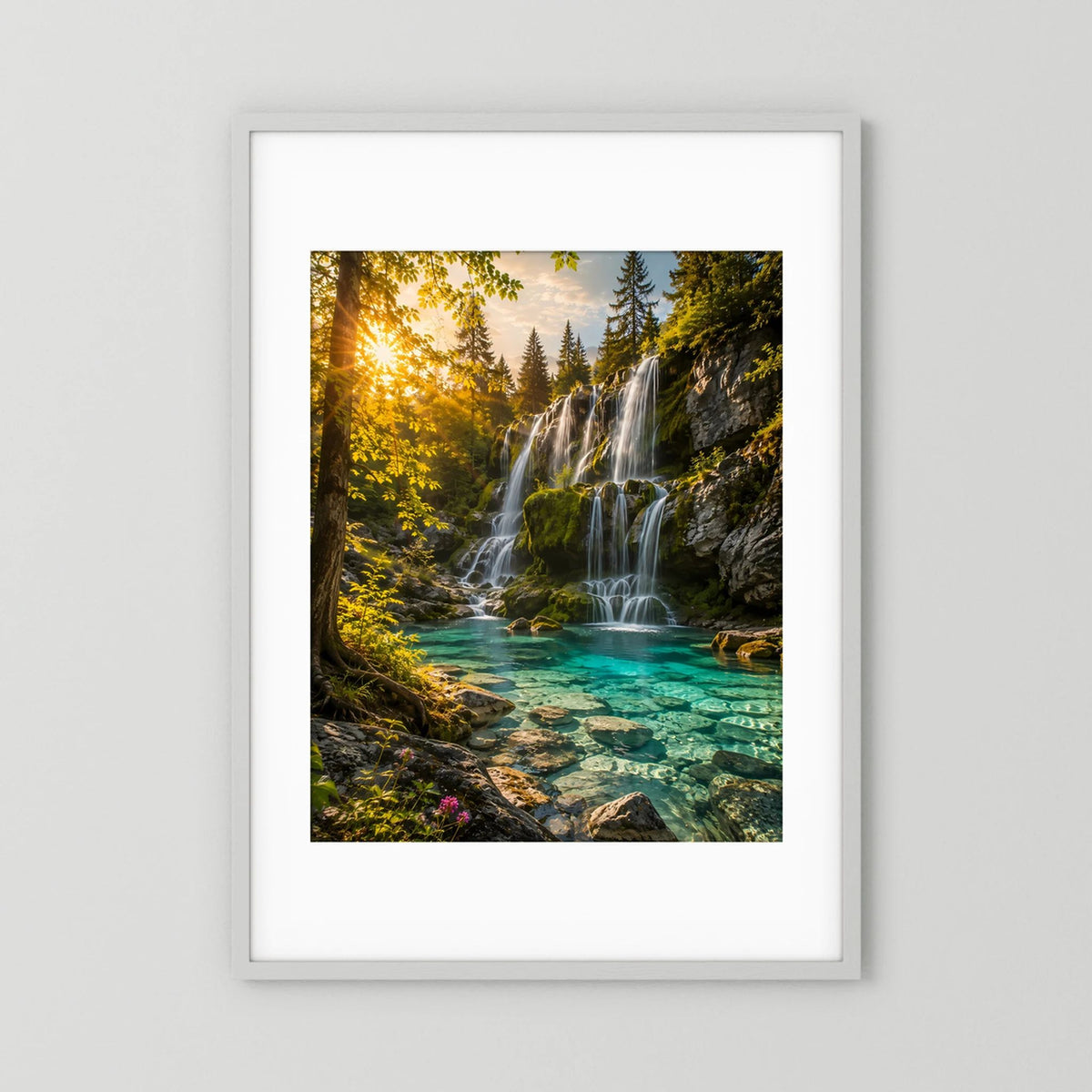 Wasserfall-Poster mit weißem Rahmen, türkisfarbenes Wasser im Wald, Hochformat