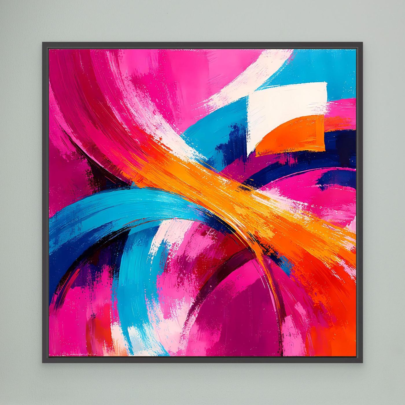 Quadratisches abstraktes Wandbild: magenta, blau, orange, dunkler Rahmen