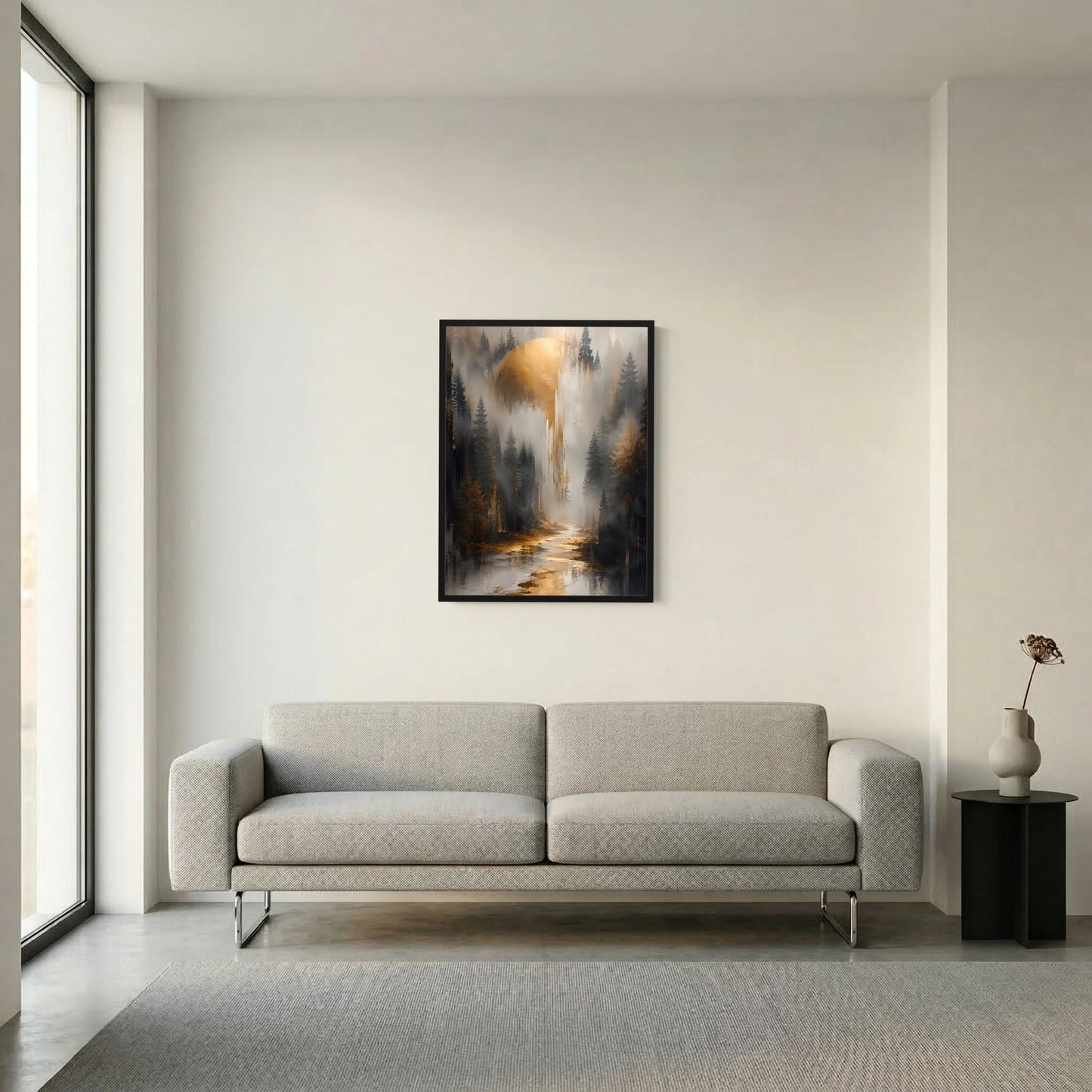Poster im Hochformat, schwarzer Rahmen: nebliger Wald mit Fluss in warmem Licht.