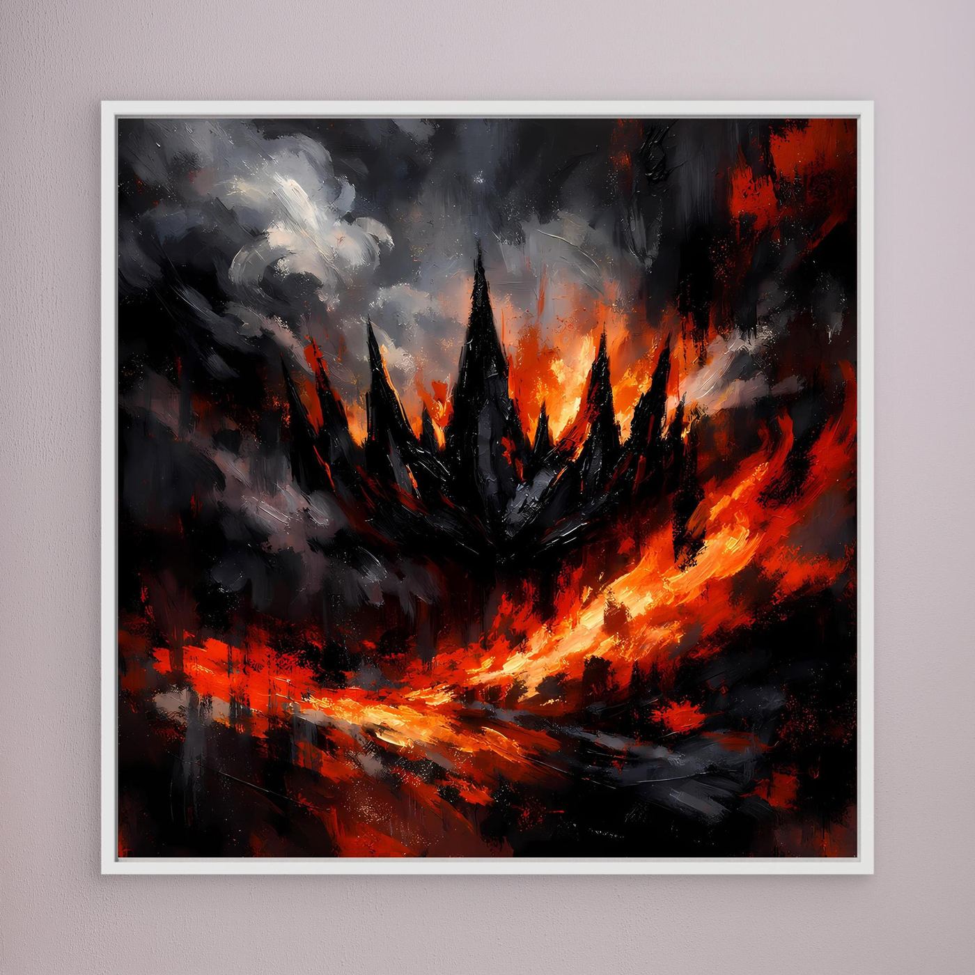 Abstraktes Fantasy-Wandbild: dunkle Festung mit Flammen, weißer Rahmen