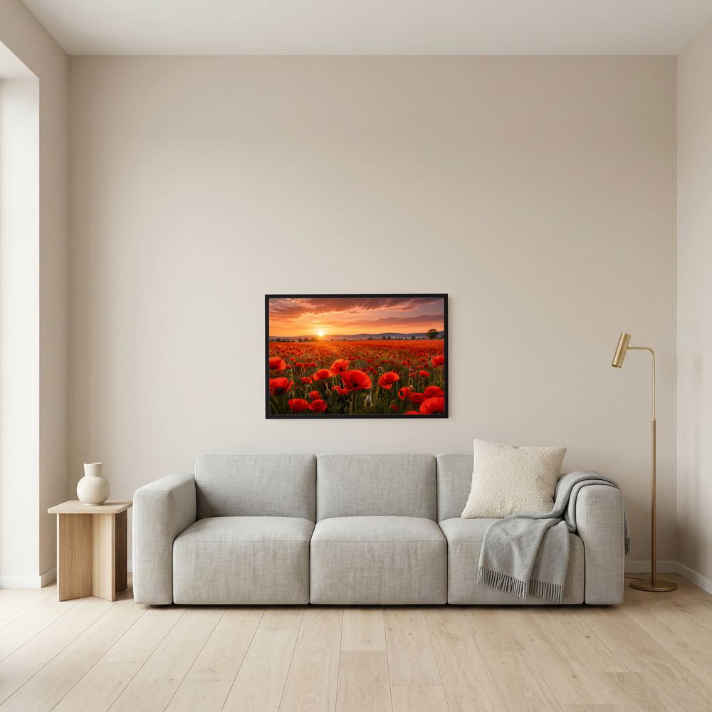 Kleines Poster mit rotem Mohnblumenfeld und Sonnenuntergang, schwarzer Rahmen