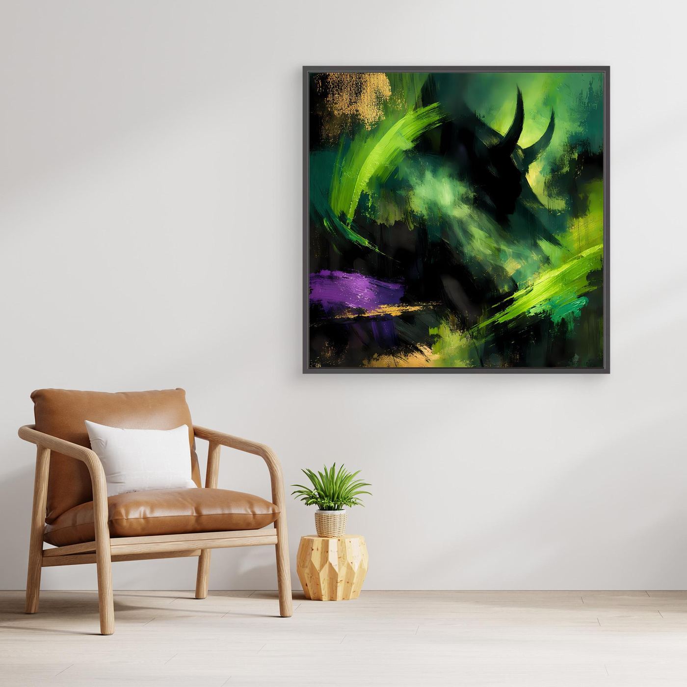 Quadratisches abstraktes Stier-Wandbild mit schwarzem Rahmen, grüne Spritzer und violette Flecken