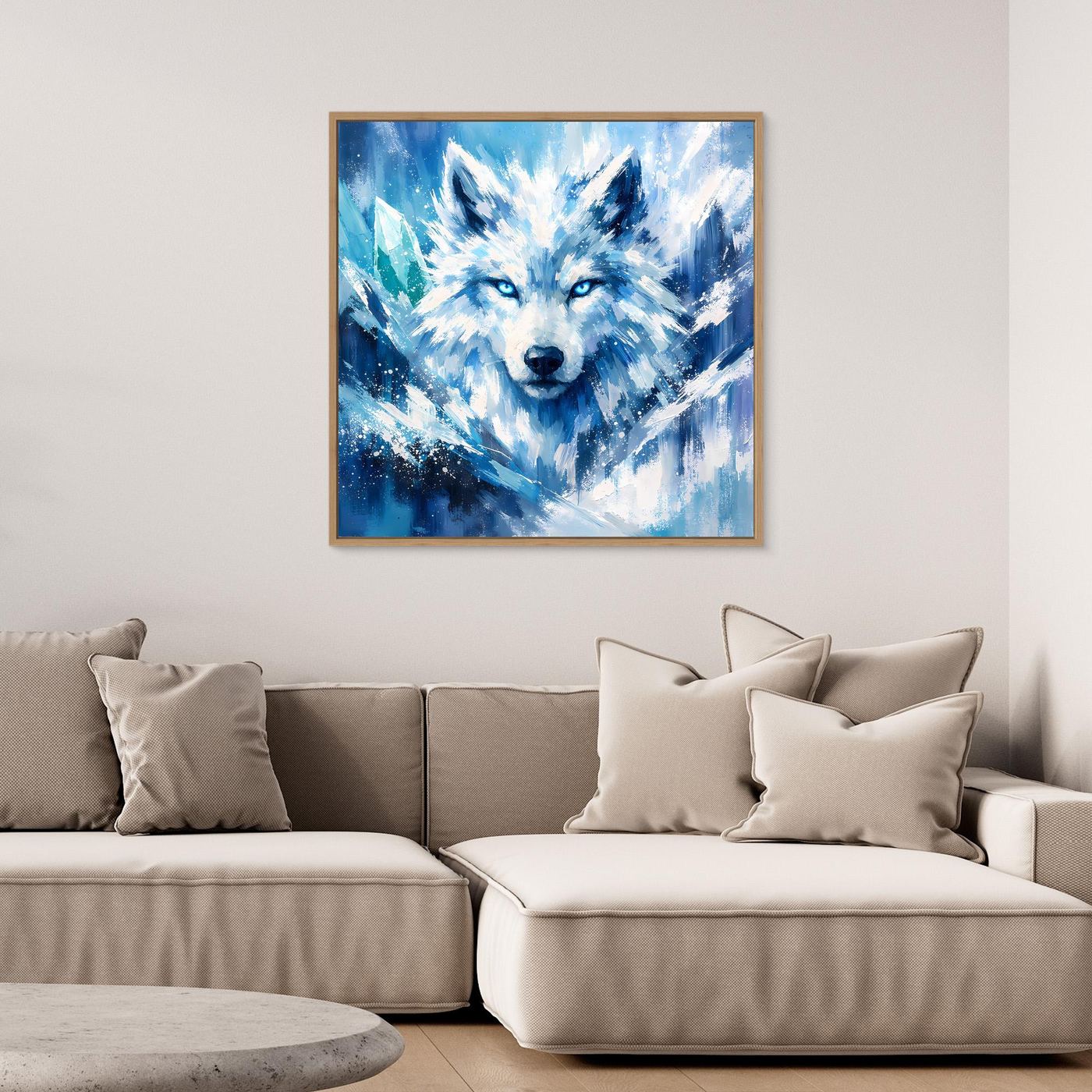 Wandbild mit abstraktem Eiswolf in Blau und Weiß, Holzrahmen