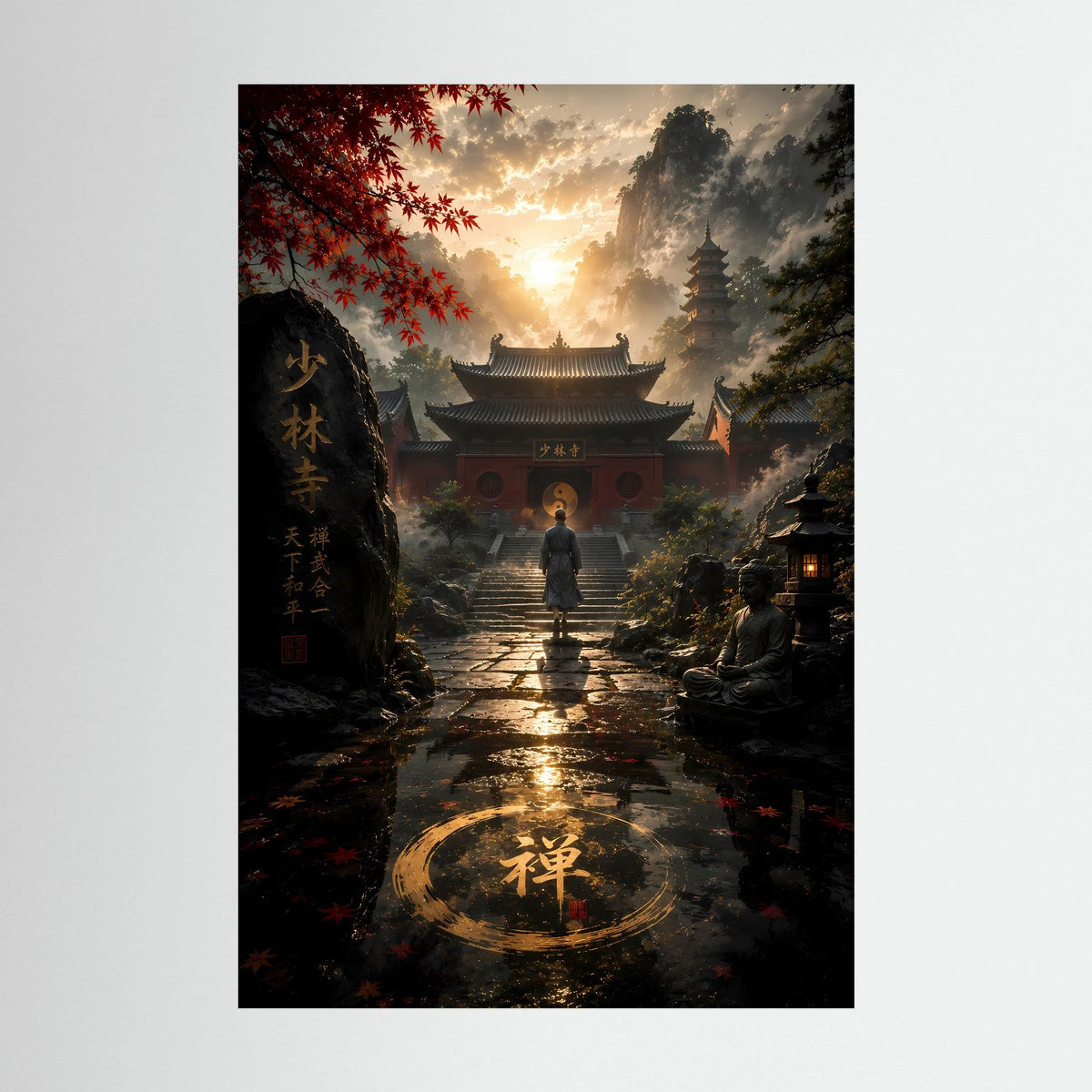 Vertikales Tempel-Poster mit schwarzem Rahmen: Mönch vor Buddha, goldene Schrift im Kreis
