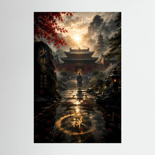 Vertikales Tempel-Poster mit schwarzem Rahmen: Mönch vor Buddha, goldene Schrift im Kreis