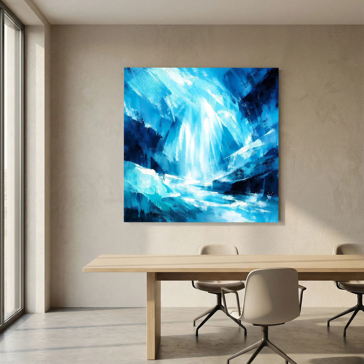 Blaues abstraktes Eiswasserfall-Wandbild auf Leinwand mit leuchtendem Zentrum