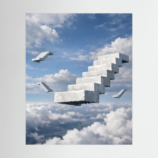 Poster mit schwebenden weißen Treppen über Wolken, surrealer Treppenverlauf im Hochformat