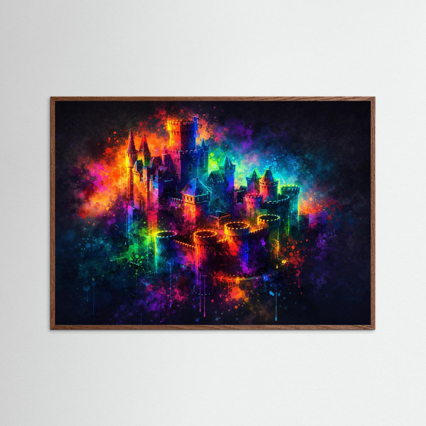 Poster mit abstraktem Schlossmotiv in Neonfarben, brauner Rahmen