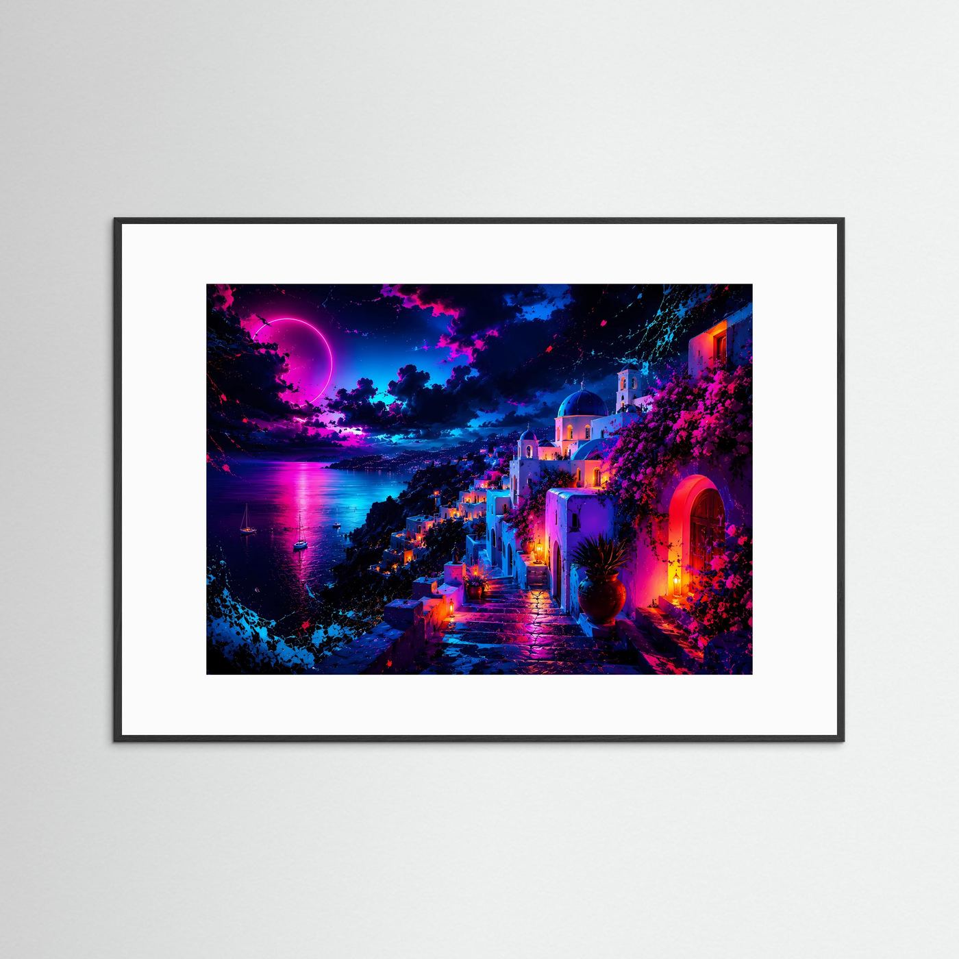 Santorini bei Nacht in Neonfarben | Abstraktes Griechenland Panorama Poster Querformat in Pink, Blau & Violett