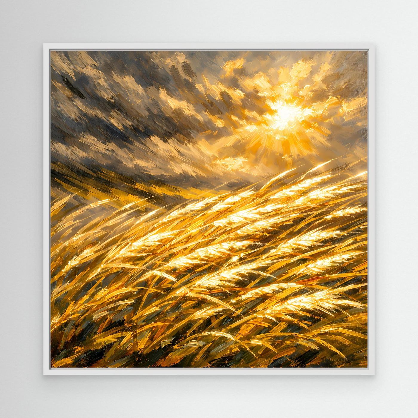 Leinwandbild mit goldenem Weizenfeld und Sonnenuntergang, weiß gerahmt