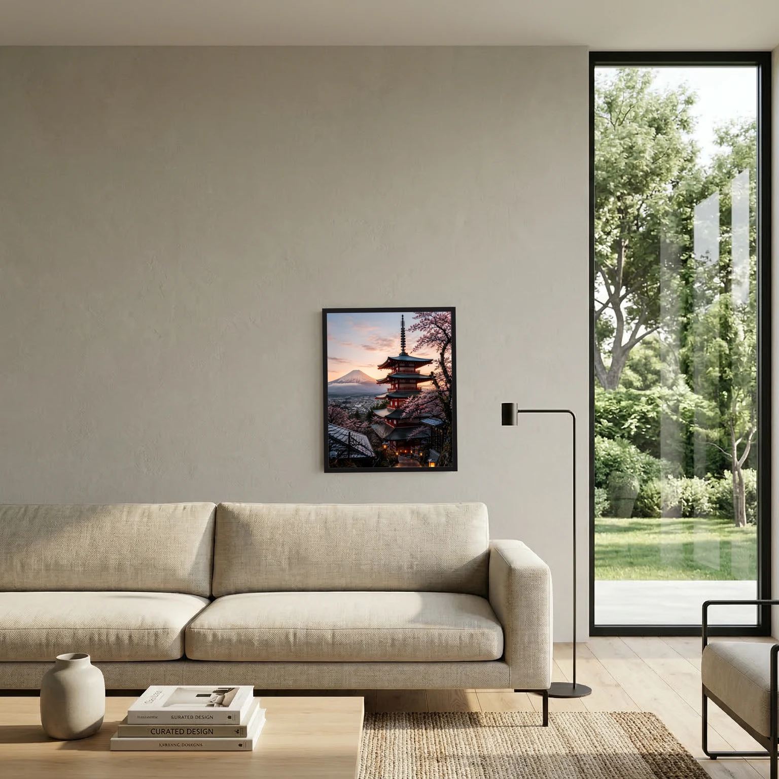 Gerahmtes Wandbild: Pagode, Kirschblüten und Fuji bei Dämmerung