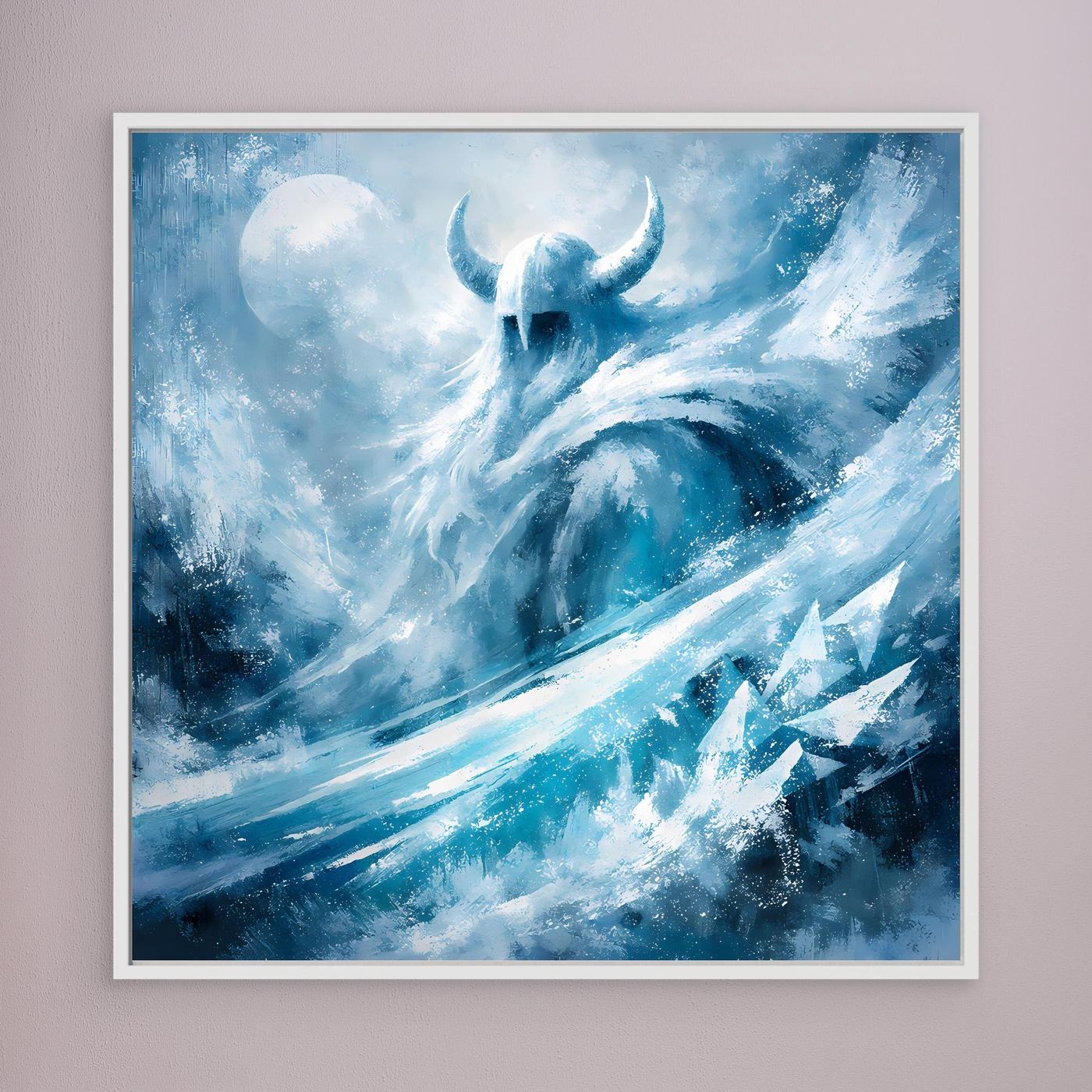 Leinwandbild mit Eiswikinger-Motiv in Blau und Türkis, quadratisch, mit weißem Rahmen
