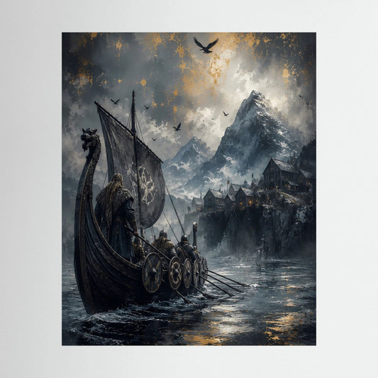 Hochformatiges Poster mit Wikingerboot auf Drachenboot vor Berglandschaft, dunkle See