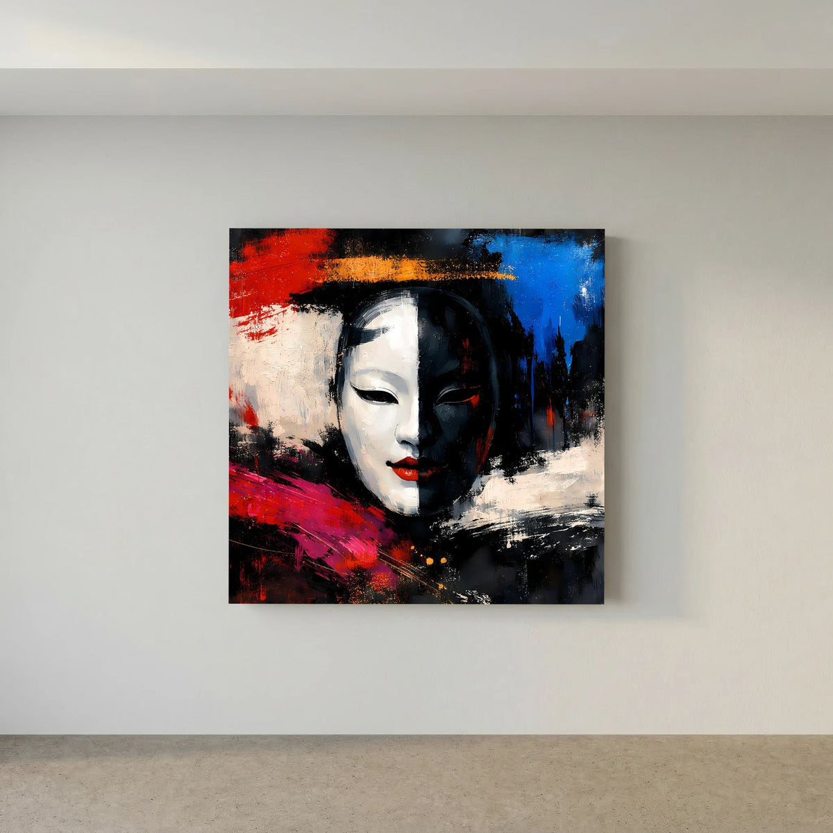 Abstraktes Leinwandbild mit Geisha-Maske im Pop-Art-Stil, weißes Gesicht, rot-blau-schwarze Pinselstriche