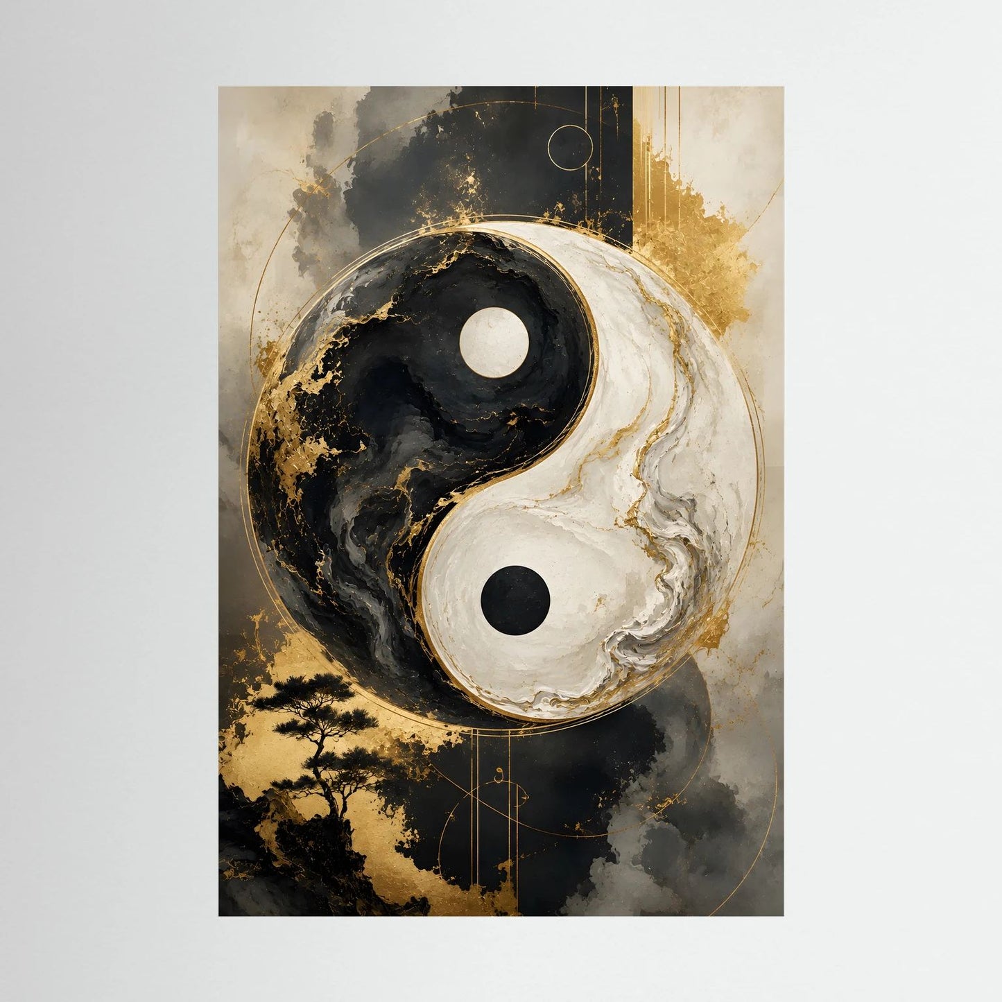 Yin-Yang-Wandposter im Hochformat, Schwarz-Weiß mit Goldakzenten und Landschaftsmotiv.