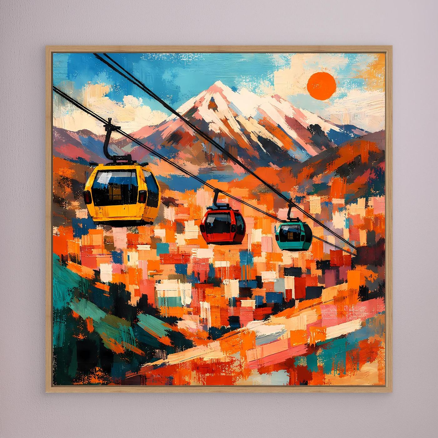 Abstraktes Leinwand-Wandbild mit Seilbahn-Gondeln, braun gerahmt, farbiges Bergpanorama
