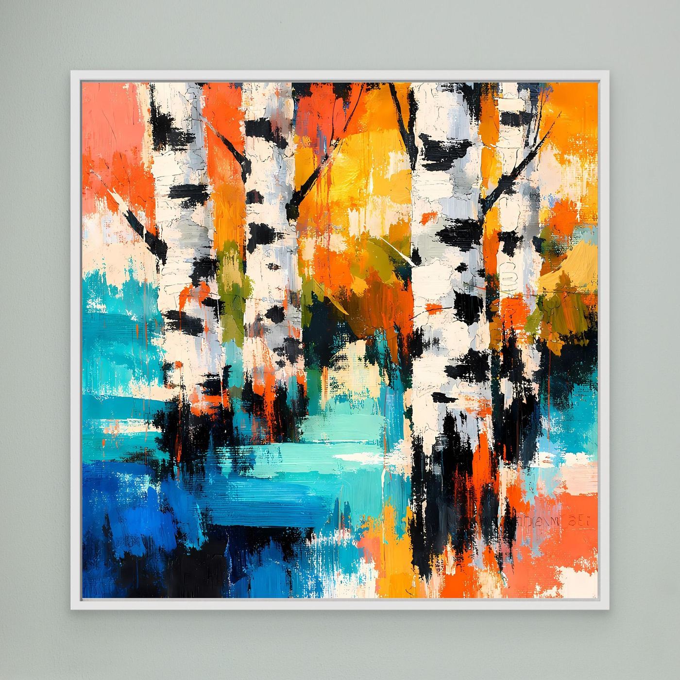 Abstract birch forest canvas wall art, colorful vertical strokes, white frame
