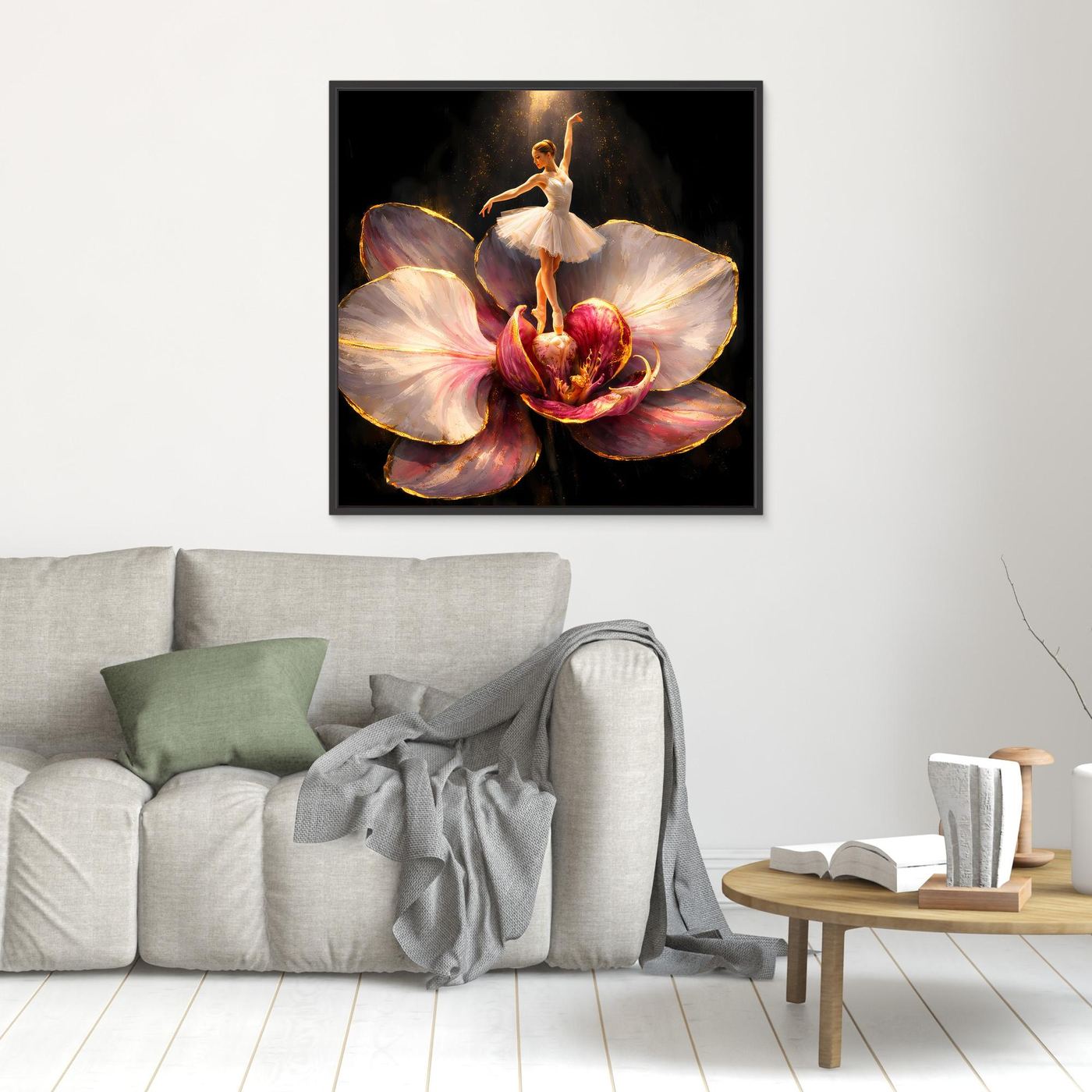 Premium Leinwand Elegante Ballerina auf Orchidee | Abstraktes Ballett Wandbild mit Goldakzenten
