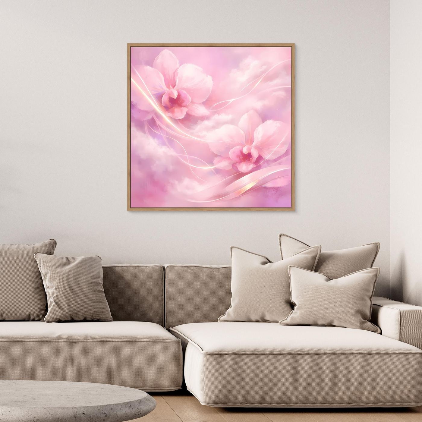 Leinwandbild mit rosa Orchideen-Motiv, goldbrauner Rahmen