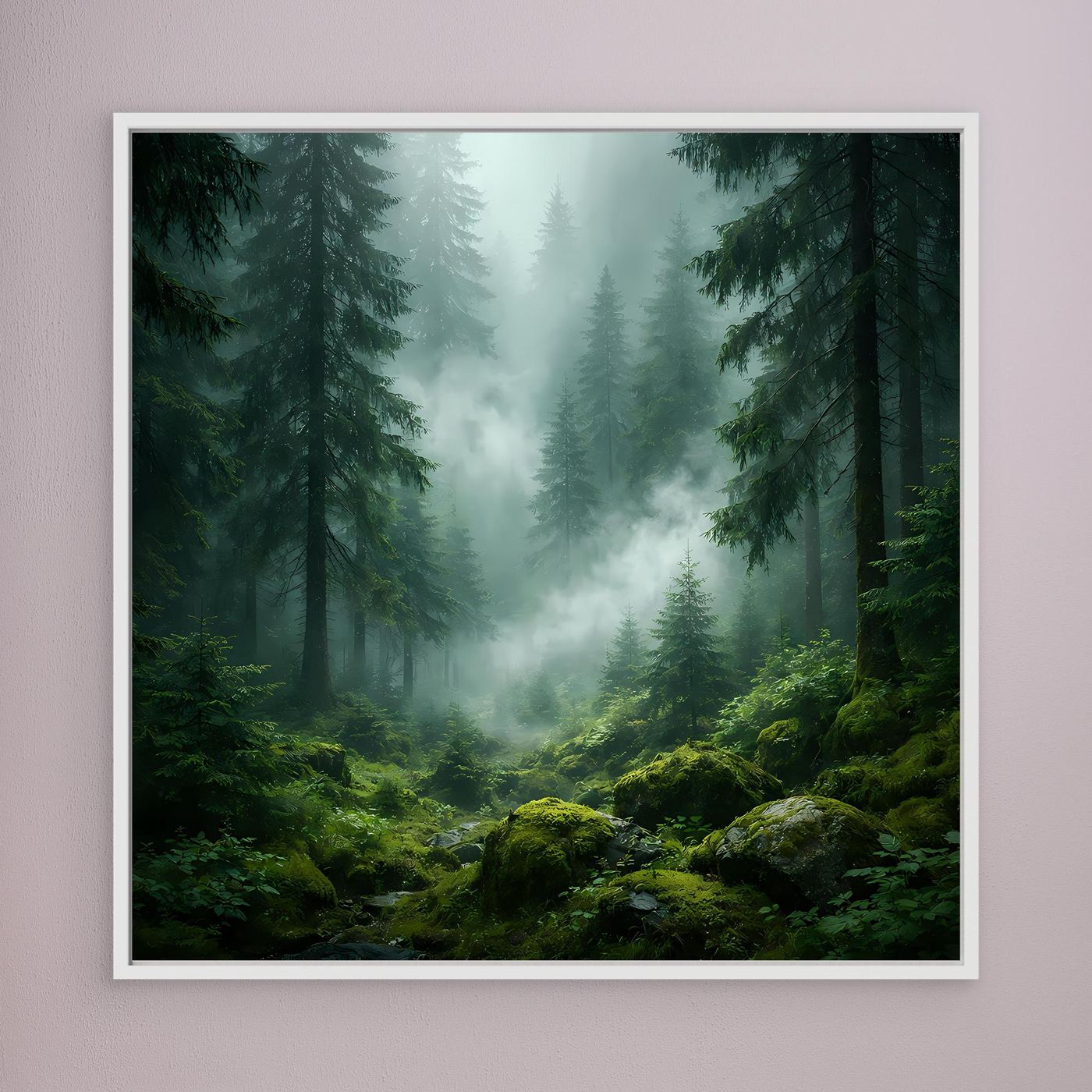 Leinwandbild Grüner Nebelwald mit Tannen, weißer Rahmen