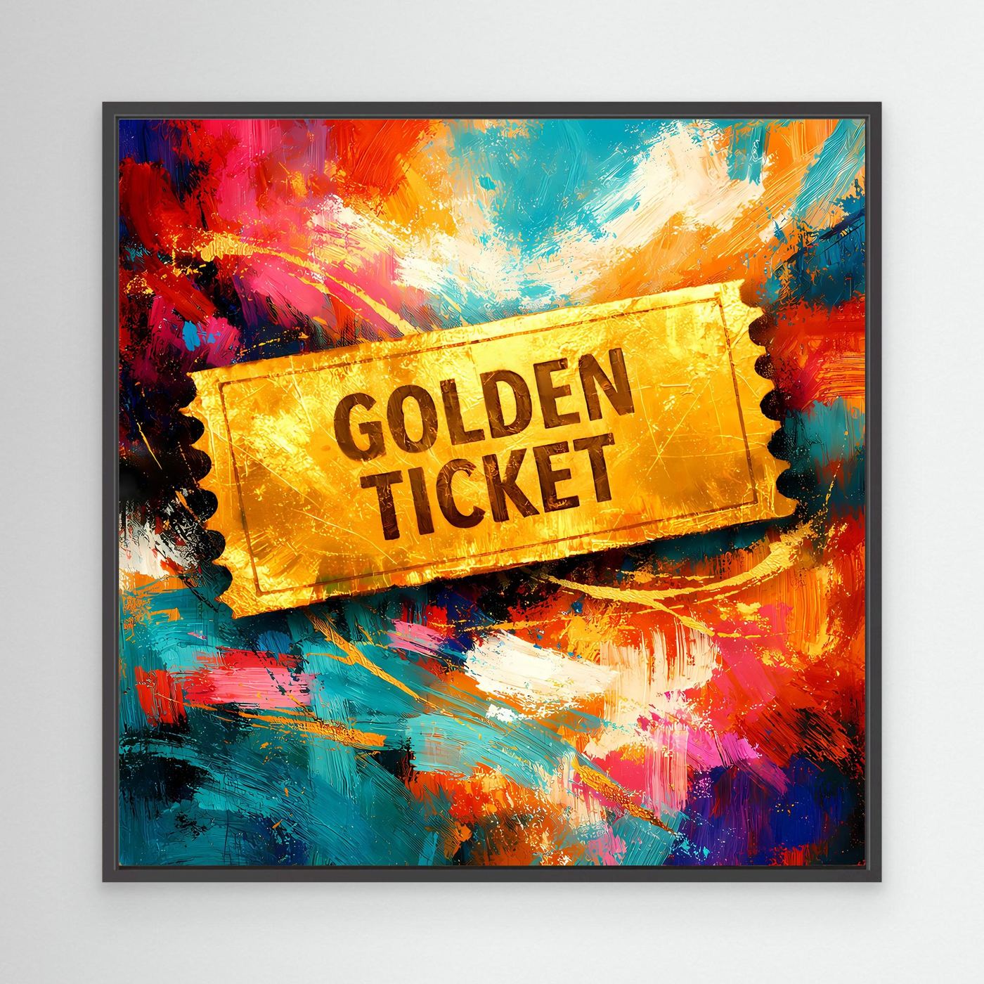 Gerahmtes Leinwandbild „Golden Ticket“ mit goldener Ticket-Aufschrift, buntem abstraktem Hintergrund
