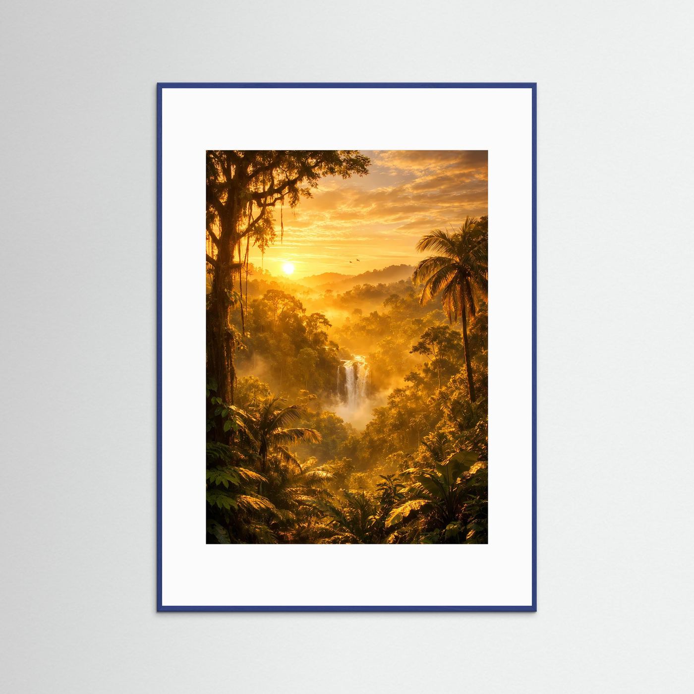 Dschungelposter mit Wasserfall und Sonnenuntergang, blauer Rahmen, Hochformat