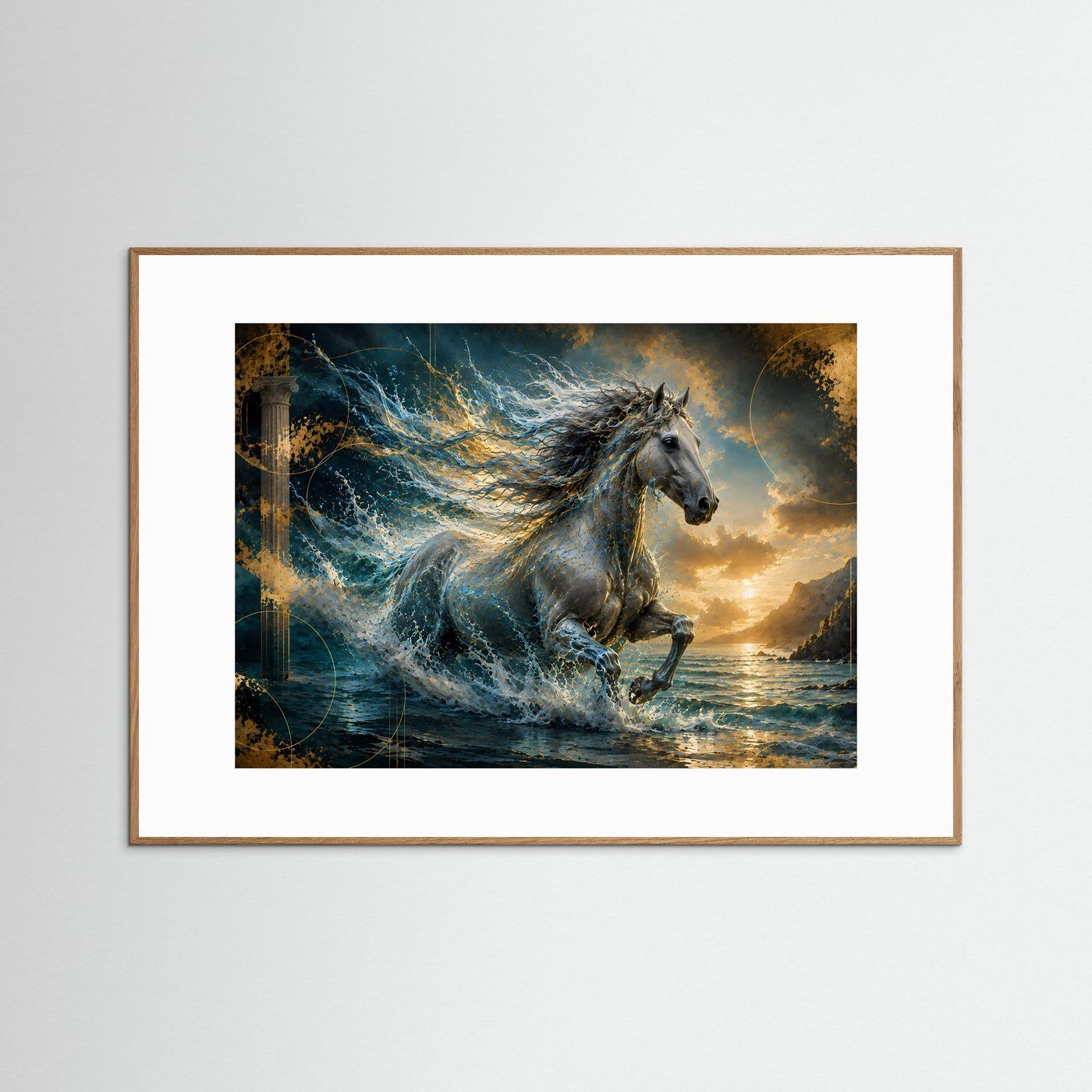 Querformat-Poster mit Pferd im Meer, Wellen und goldenen Akzenten, mittelbrauner Holzrahmen