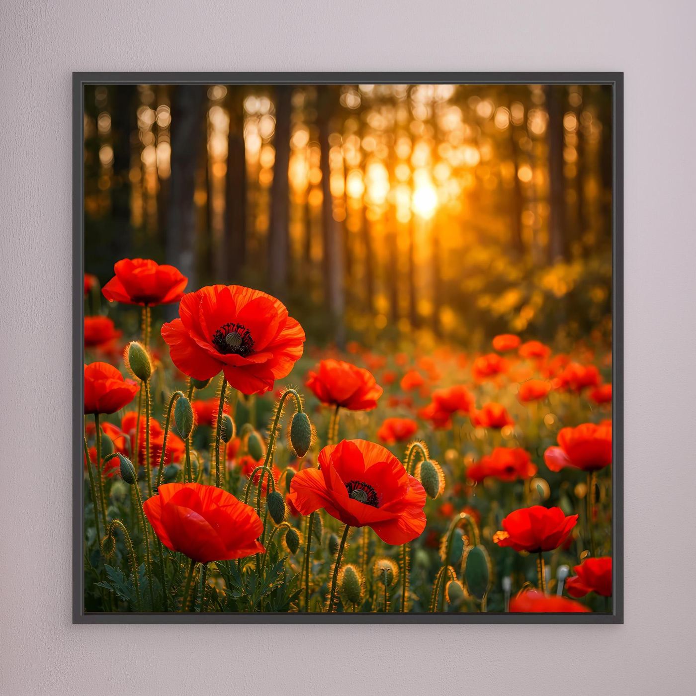 Leinwandbild mit roten Mohnblumen im goldenen Wald, schwarz gerahmt