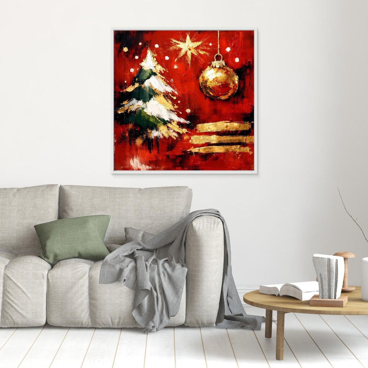 Gerahmtes Leinwand-Wandbild: kleiner abstrakter Weihnachtsbaum in Rot und Gold, dunkler Rahmen.