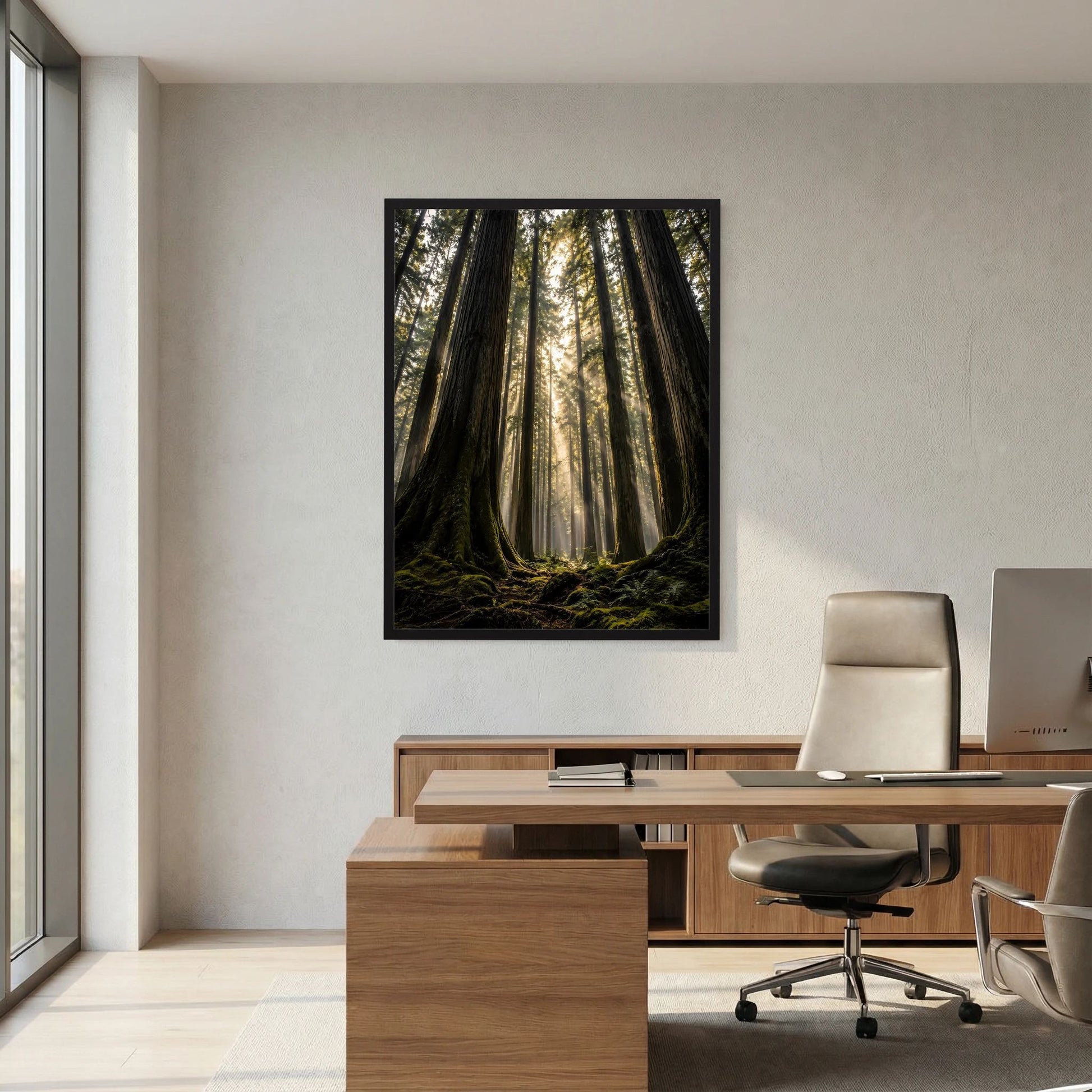 Hochformatiges Poster mit schwarzem Rahmen: Lichtstrahlen zwischen Baumriesen im Wald