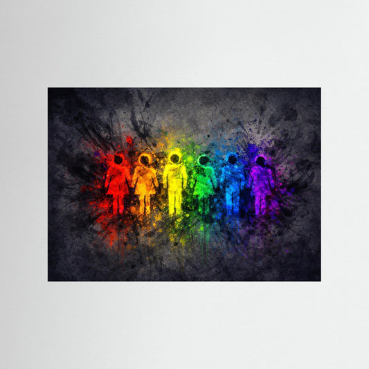 Wandposter mit Regenbogen-Silhouetten, dunkler Hintergrund ohne sichtbaren Rahmen