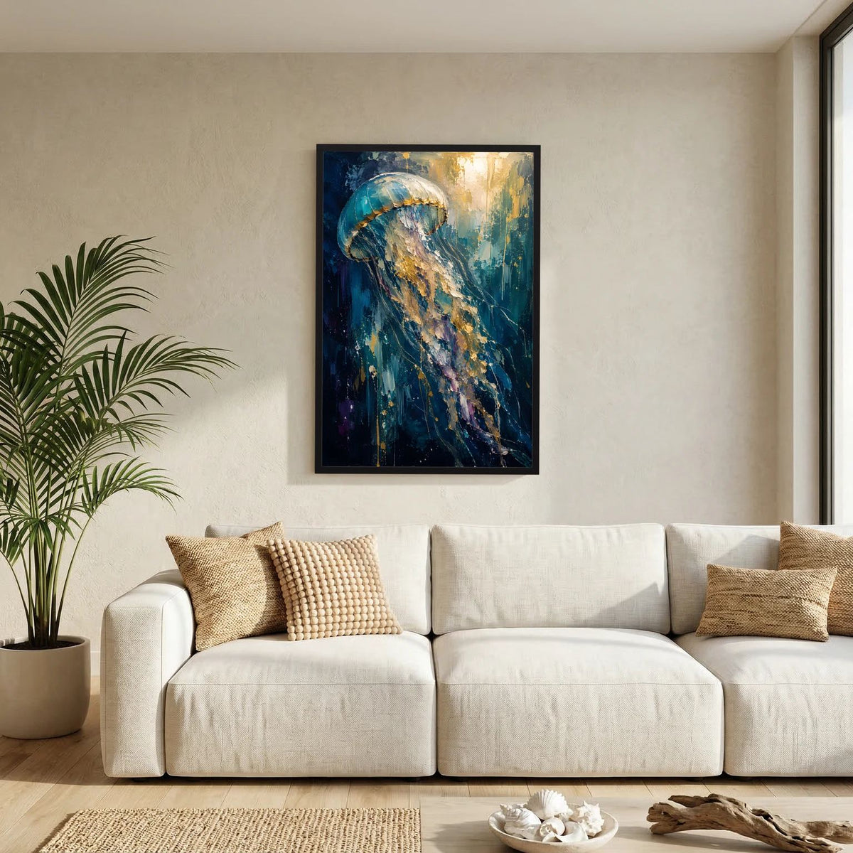 Wandbild mit abstrakter Qualle in Blau und Gold, schwarz gerahmt, im Wohnraum.