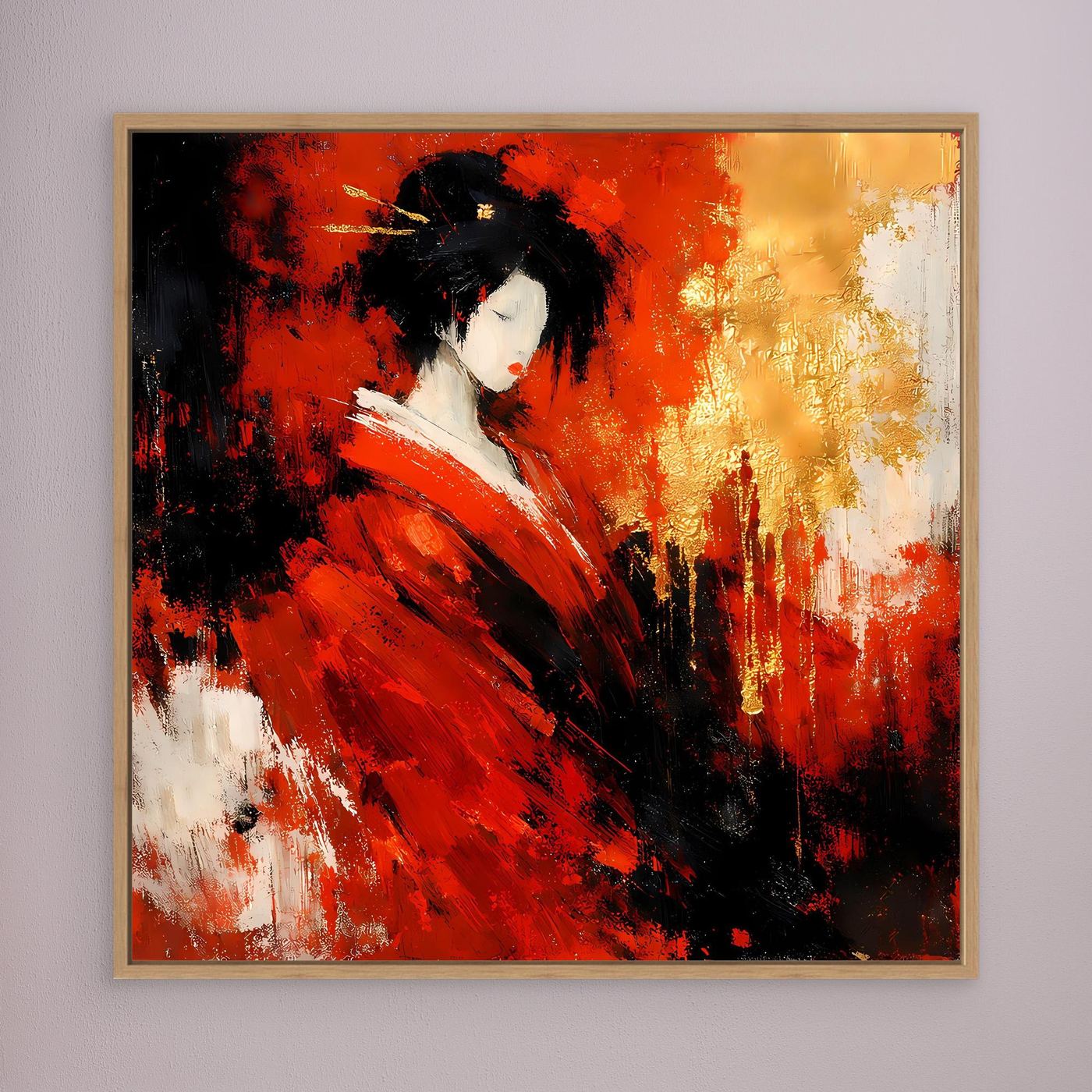 Leinwand Elegante Geisha im Roten Kimono | Abstraktes Asiatisches Wandbild Moderne Kunst