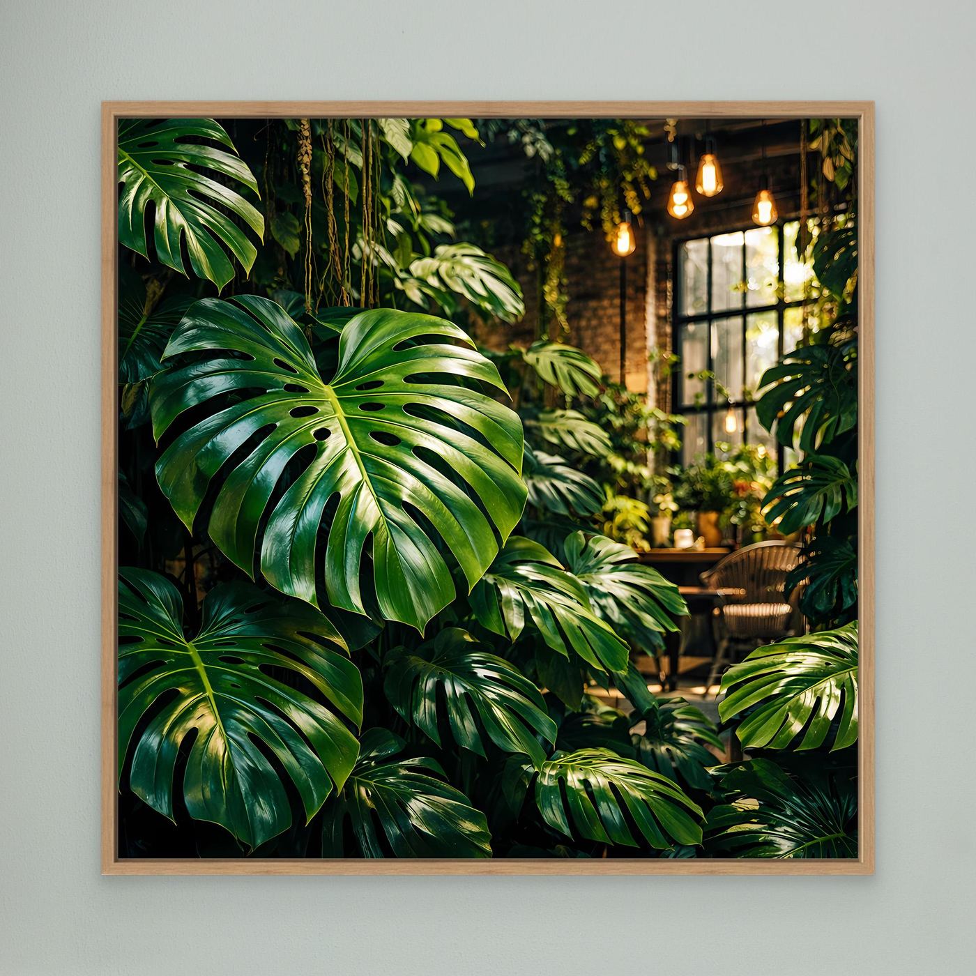 Leinwandbild mit grünen Monstera- und Dschungelblättern, brauner Holzrahmen