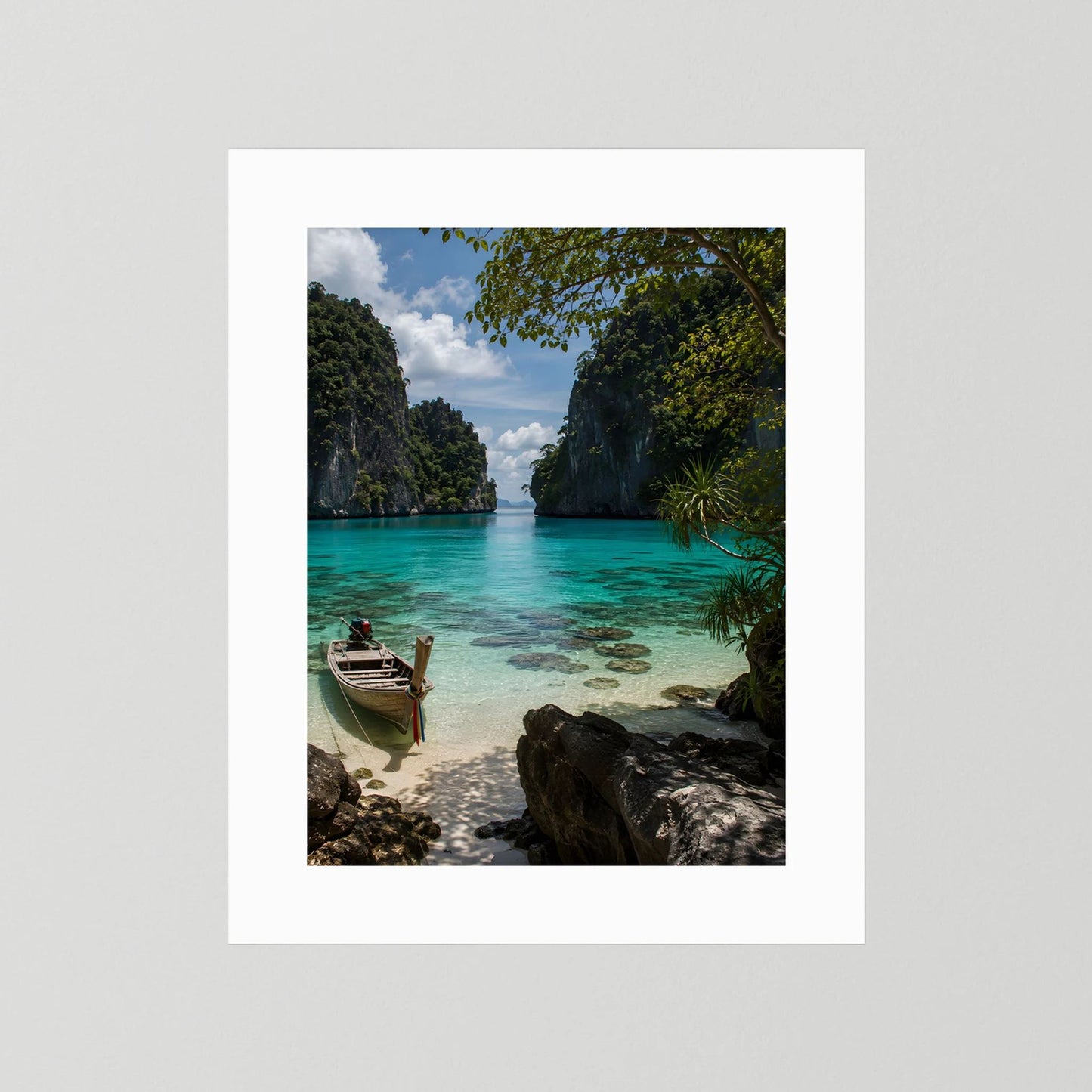 Poster im Hochformat mit türkisblauem Meer, Boot und Felsen