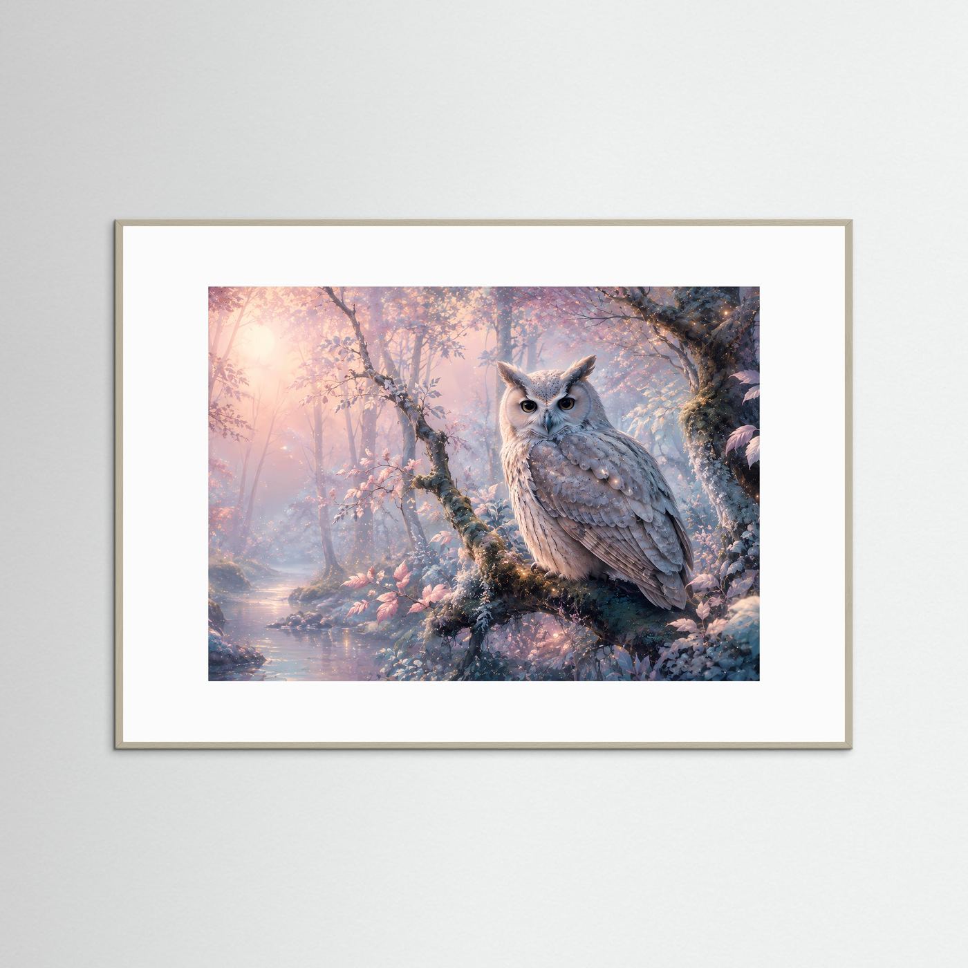 Wandposter mit Eule im Wald, Pastellfarben, weißer Rahmen