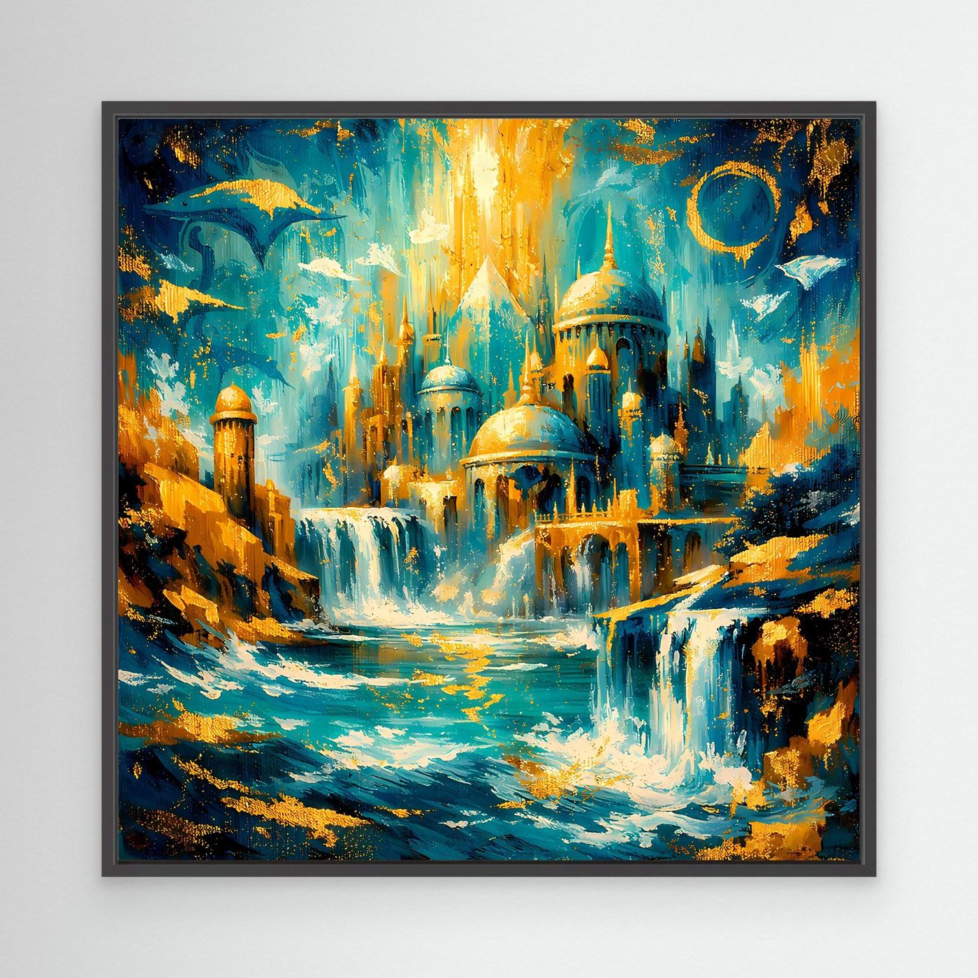 Leinwandbild Fantasystadt mit blauem Palast und goldenen Lichtern, schwarzer Rahmen