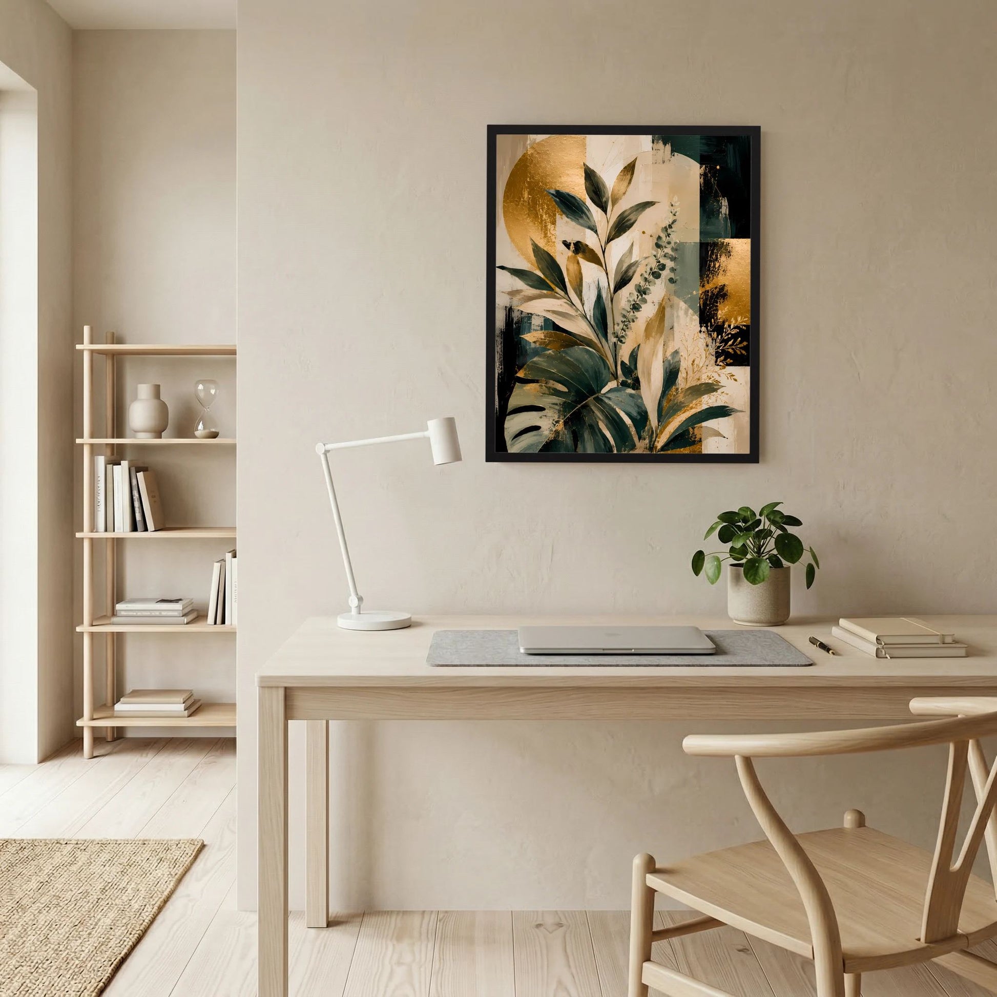 Gerahmtes Kunstposter mit Blattmotiv in dunklem Grün und Gold auf hellem Grund