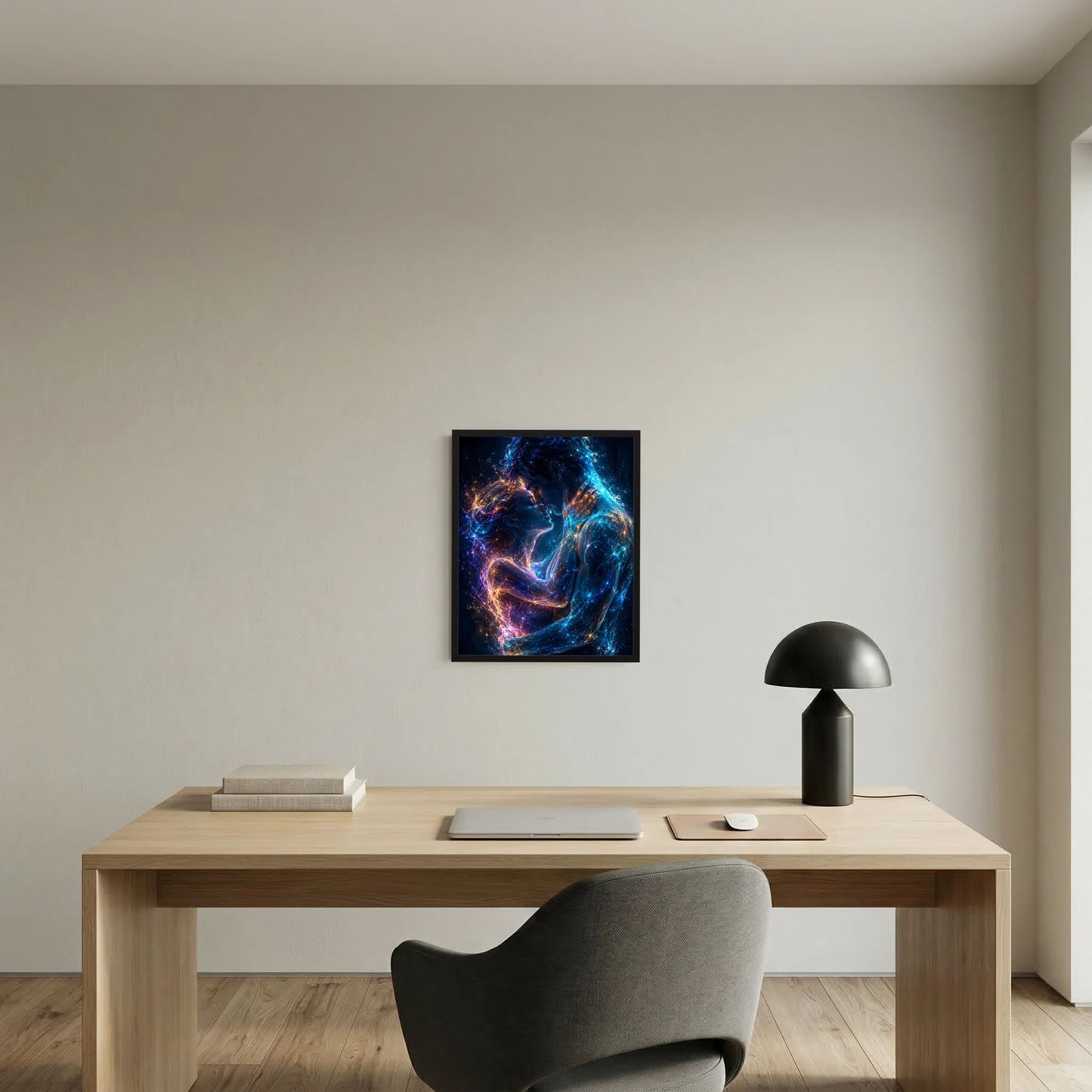 Schwarz gerahmtes Kunstposter mit leuchtendem Paar in Blau, Violett und Gold an heller Wand