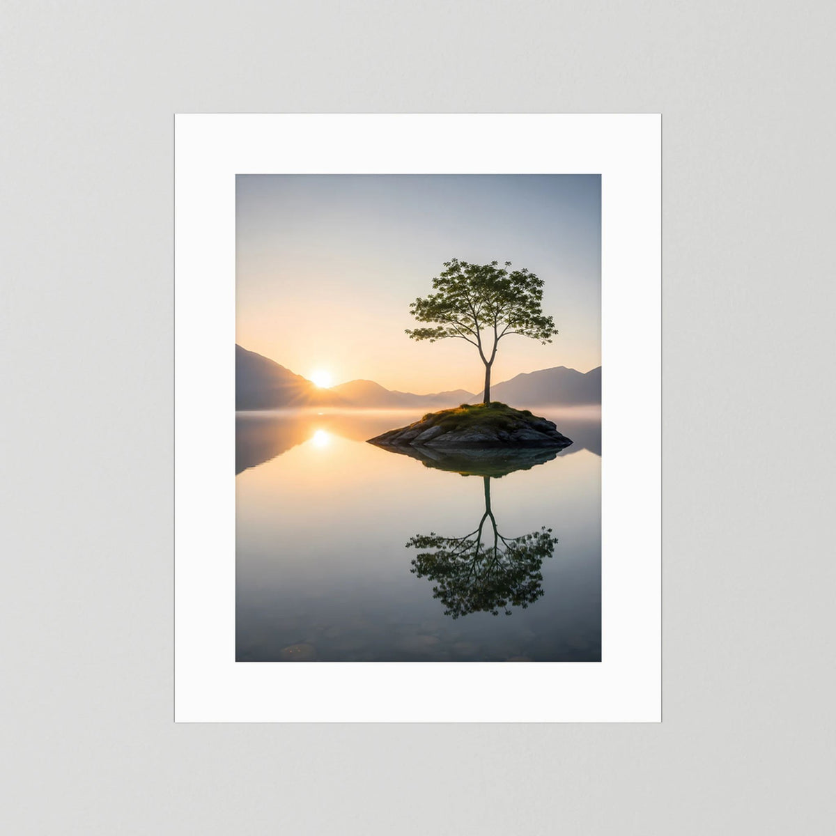 Hochformat-Poster mit weißem Passepartout: einsamer Baum auf kleiner Insel im Sonnenaufgang.