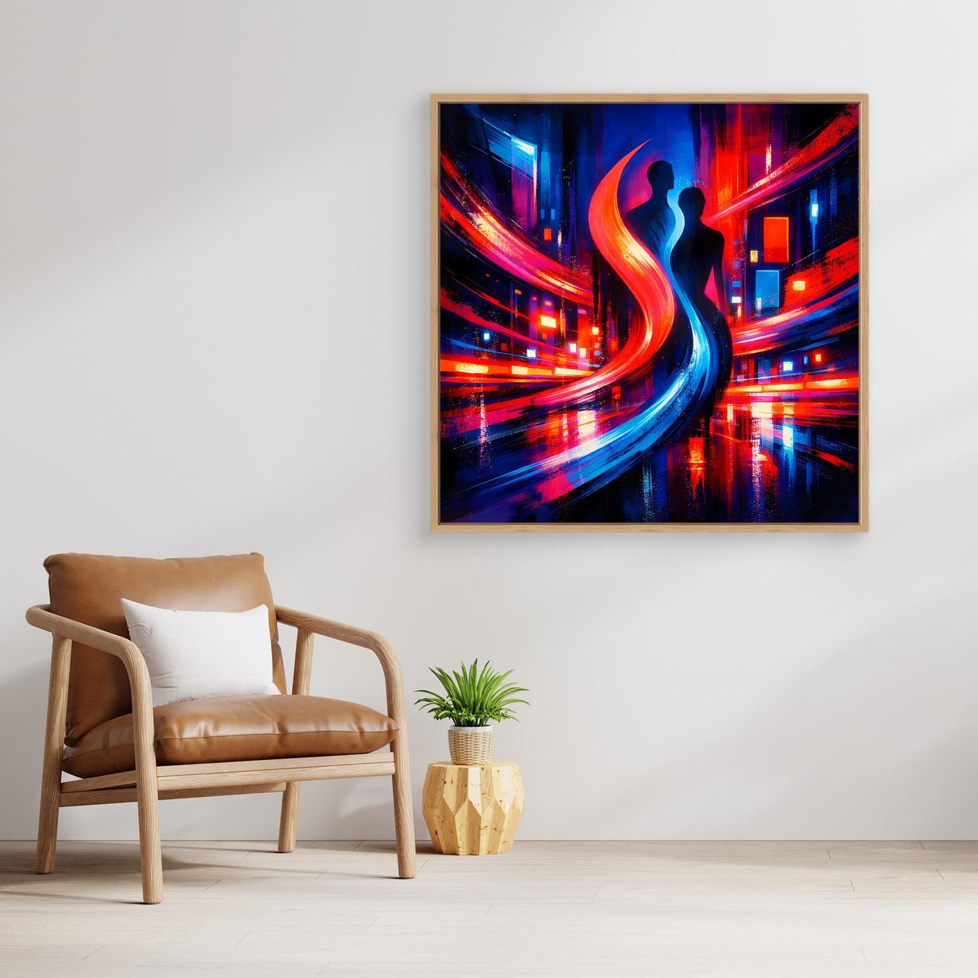 Wandbild im Cyberpunk-Stil: Paar-Silhouette vor farbigen Lichtbahnen, Blau/Rot, Holzrahmen