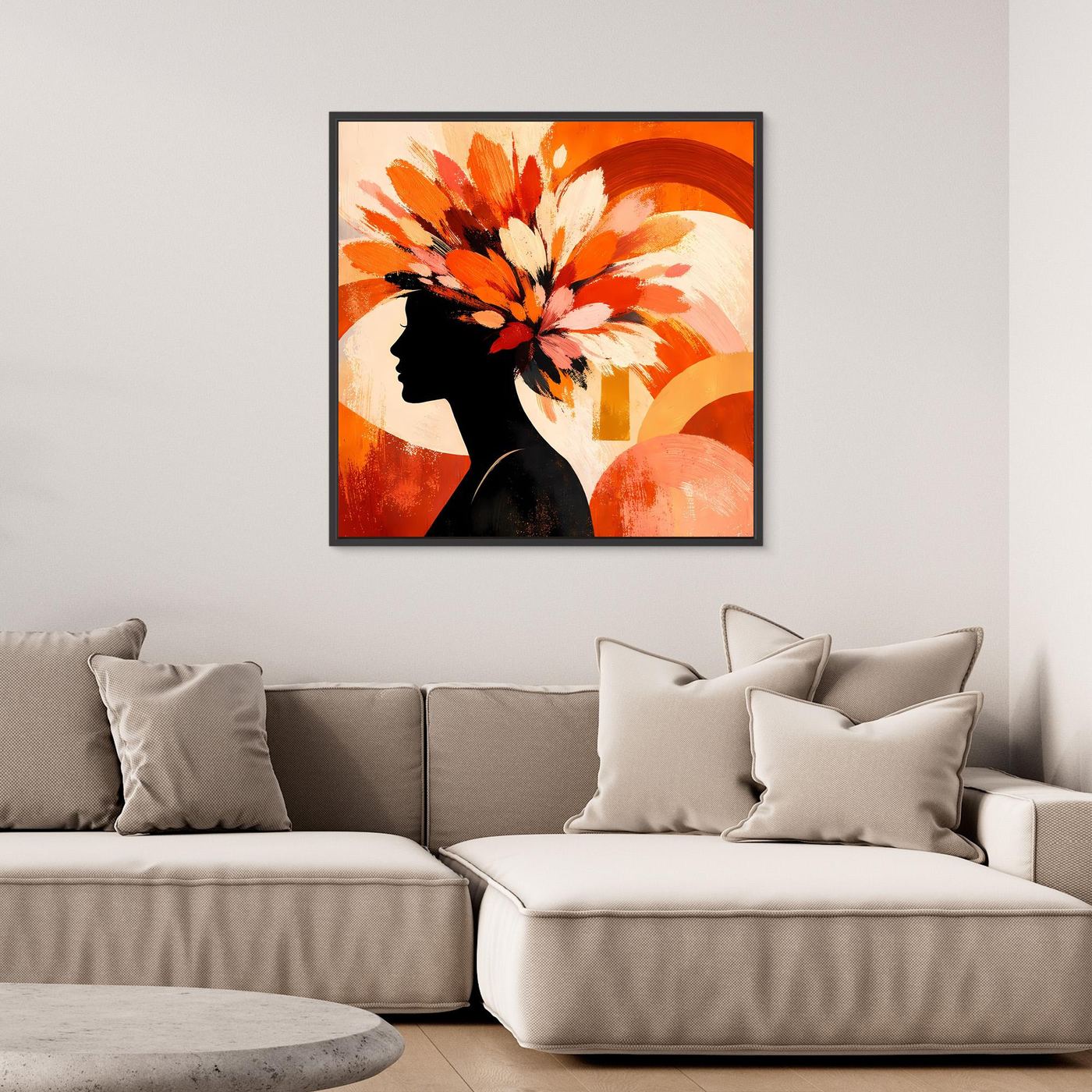 Leinwandbild mit Profil-Silhouette einer Frau und Blumen in Orange/Weiß, abstrahiert, schwarz gerahmt