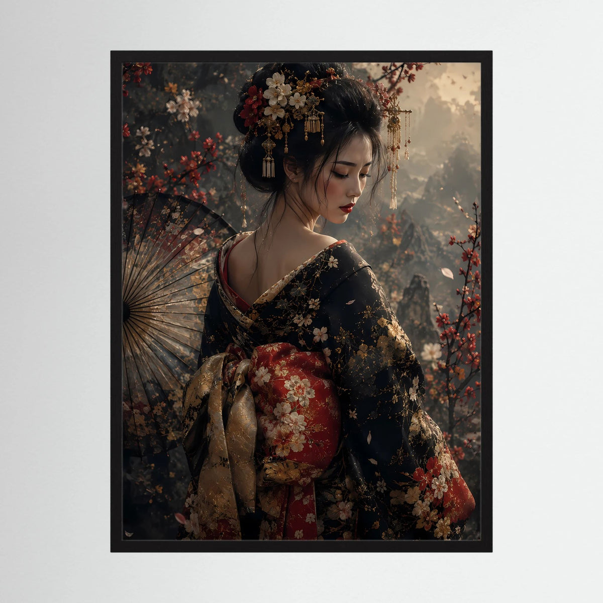 Gerahmtes Hochformat-Wandposter: Geisha im floralen Kimono mit Fächer, schwarze Umrandung