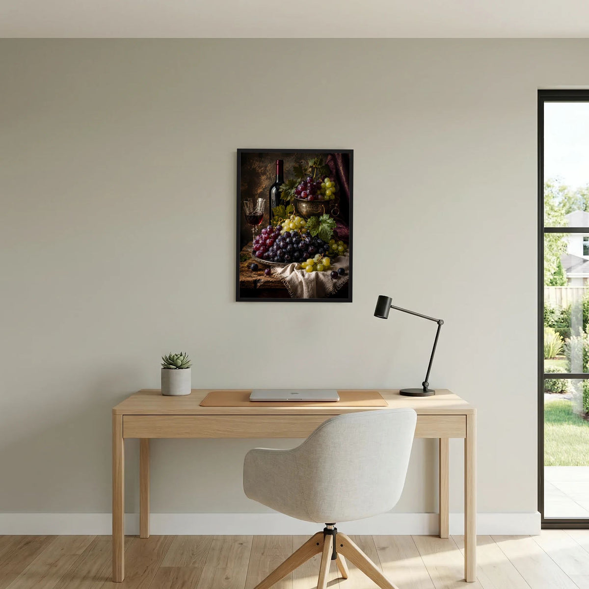 Gerahmtes Hochformat-Wandbild mit Weinflasche, Weinglas und Trauben im Stillleben